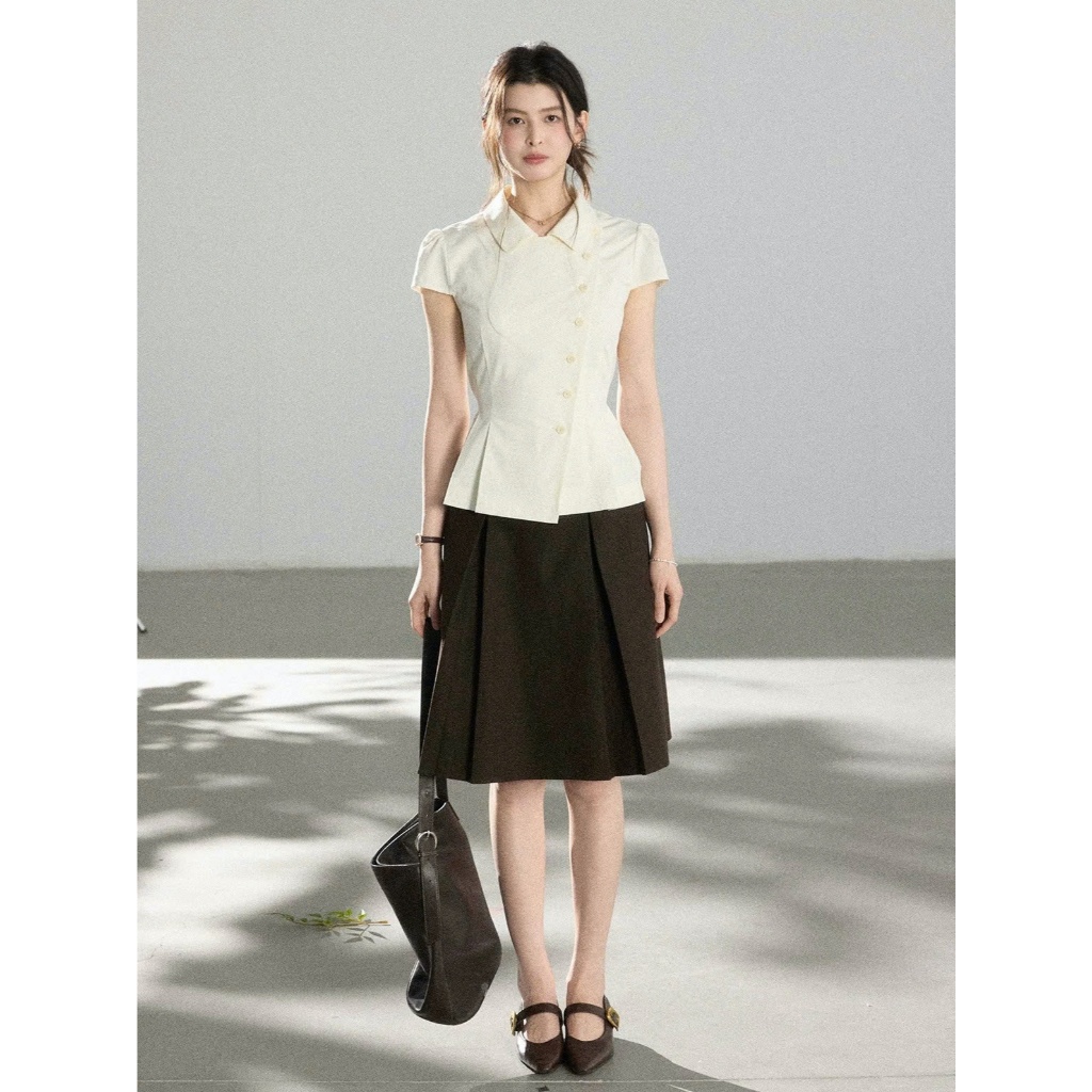SM65 Áo Sơ Mi Nữ Dáng Peplum Ôm Eo MAKILANA, Áo Sơ Mi Ngắn Tay Nút Lệch Dành Cho Nữ
