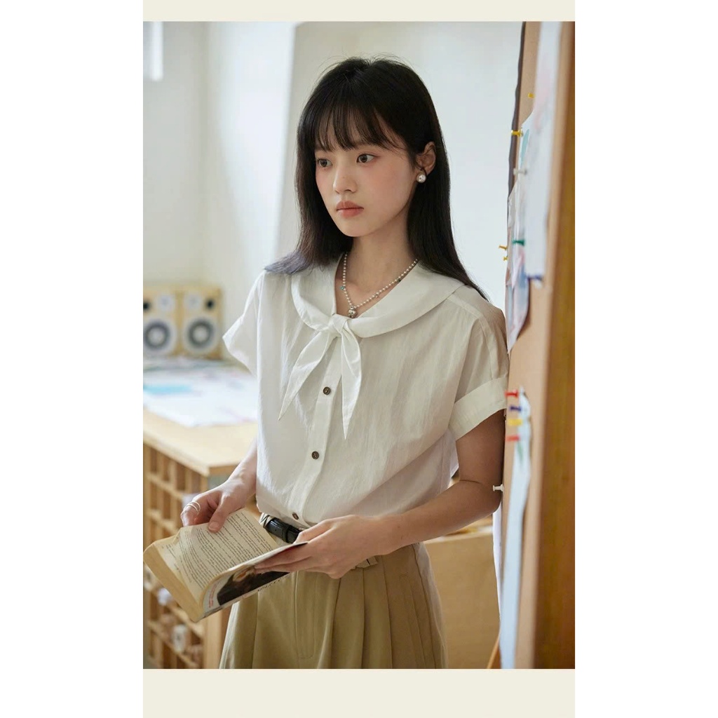 SM61 Áo Sơ Mi Nữ MAKILANA Cổ Peter Pan Kiểu Pháp Tay Ngắn, Áo Sơ Mi Xuông Cổ Nơ Tay Ngắn Gấp Lai Dành Cho Nữ