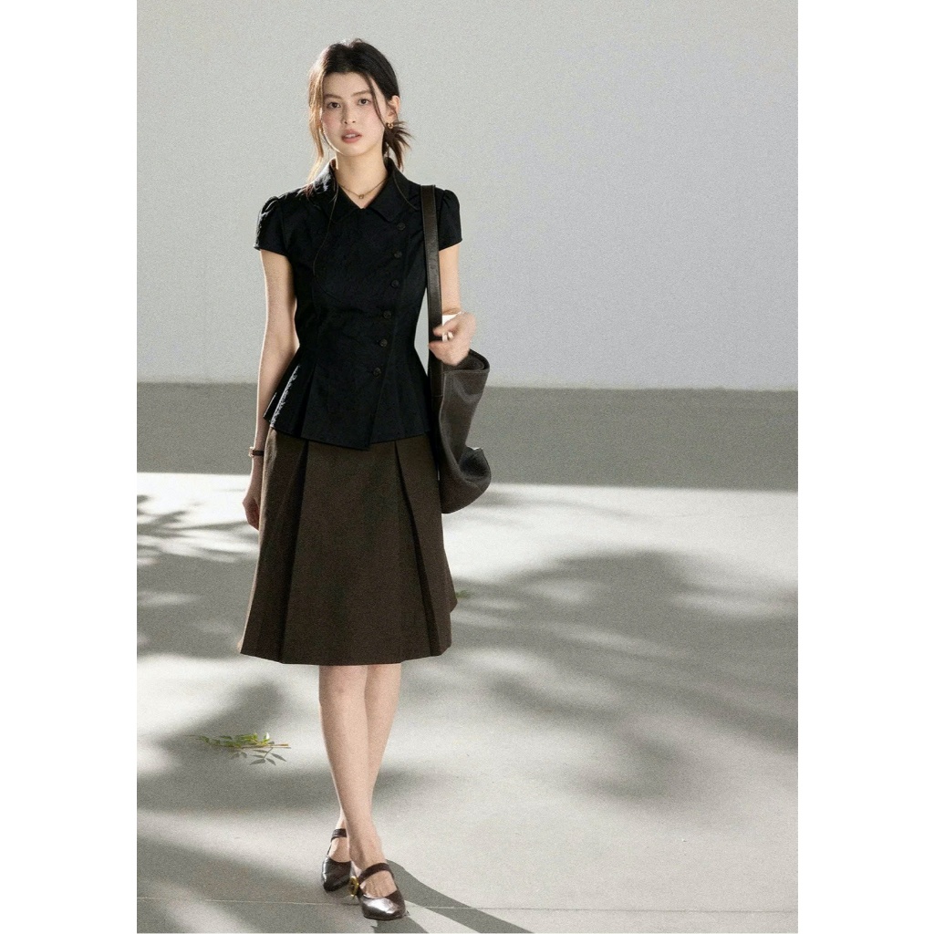 SM65 Áo Sơ Mi Nữ Dáng Peplum Ôm Eo MAKILANA, Áo Sơ Mi Ngắn Tay Nút Lệch Dành Cho Nữ