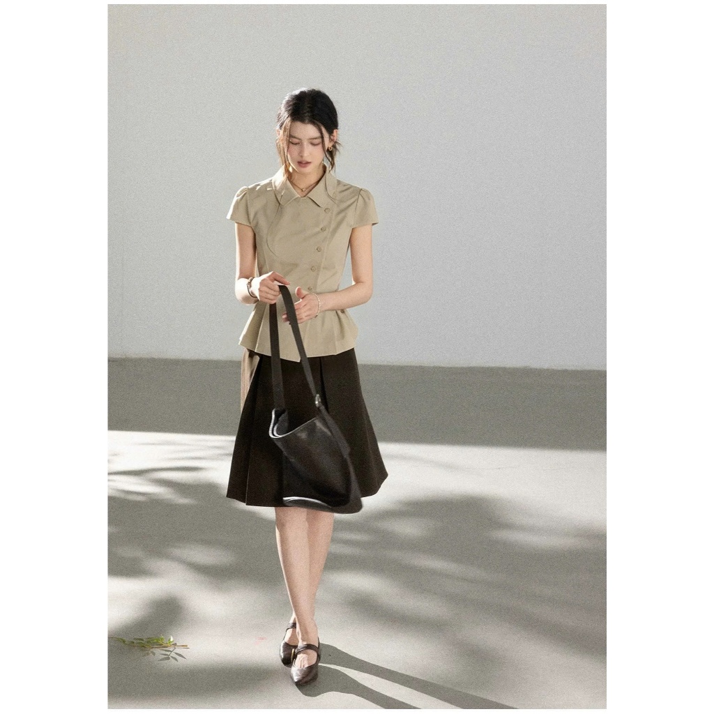 SM65 Áo Sơ Mi Nữ Dáng Peplum Ôm Eo MAKILANA, Áo Sơ Mi Ngắn Tay Nút Lệch Dành Cho Nữ