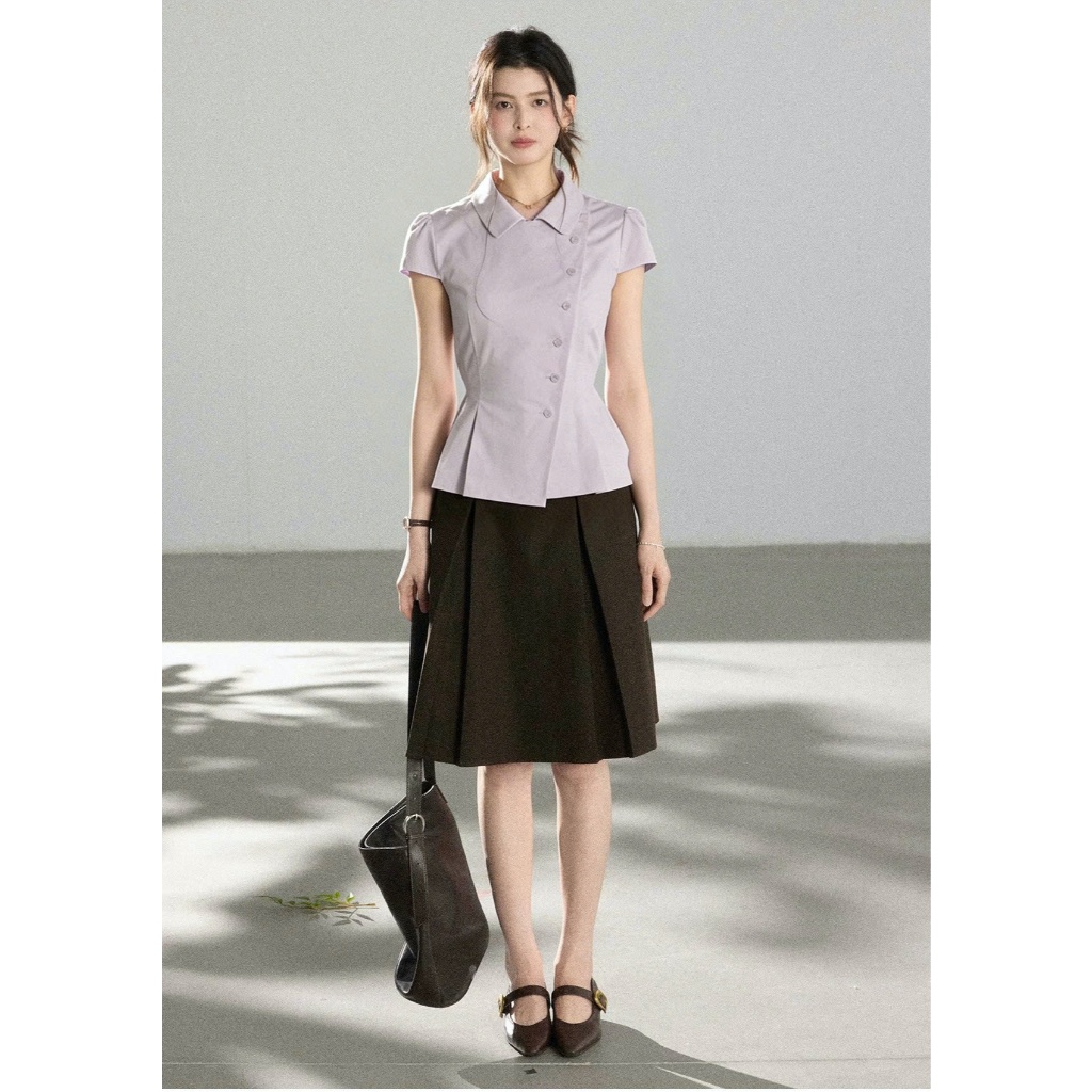 SM65 Áo Sơ Mi Nữ Dáng Peplum Ôm Eo MAKILANA, Áo Sơ Mi Ngắn Tay Nút Lệch Dành Cho Nữ