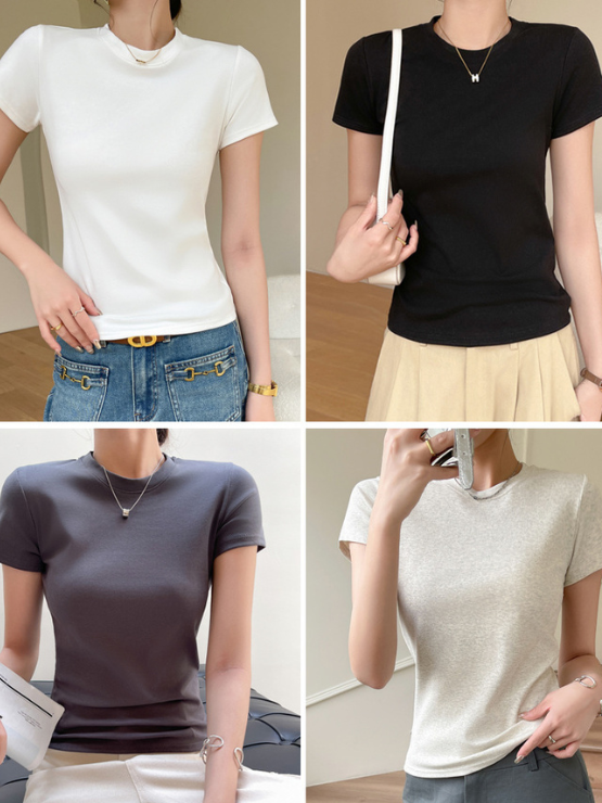 Áo Thun Nữ Cotton Co Giãn Cổ Tròn Tay Ngắn | Form Ôm Vừa Vặn, Màu Trơn, Thoáng Mát, Mặc Hè 2024 MAKILANA T1
