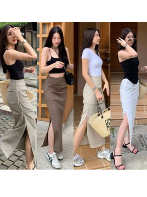 Chân váy midi nhún hông xẻ 1 bên nhiều màu sắc CV17