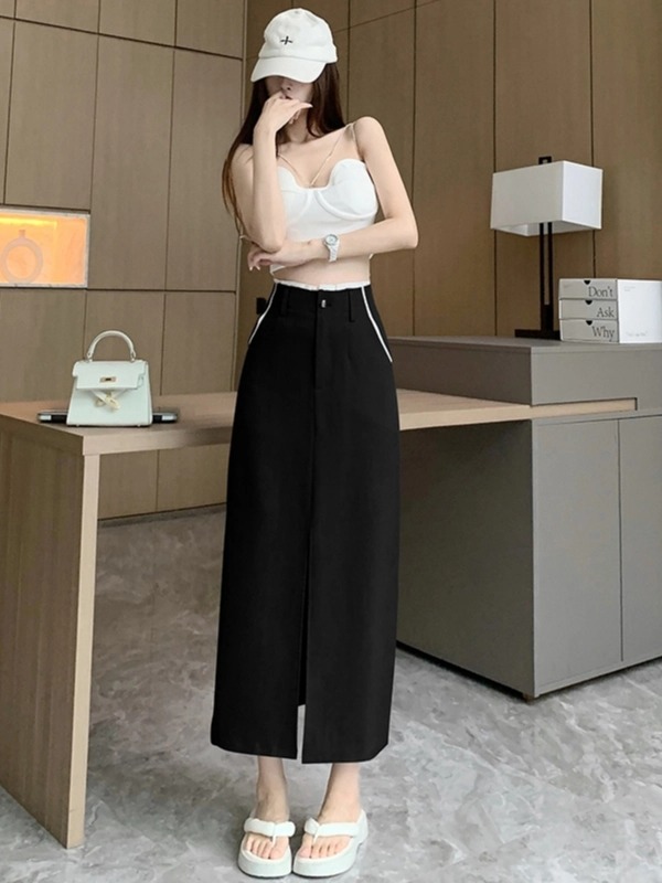 (CV22) Chân váy midi xẻ trước, may bằng vải độc quyền nhà LANA không nhăn
