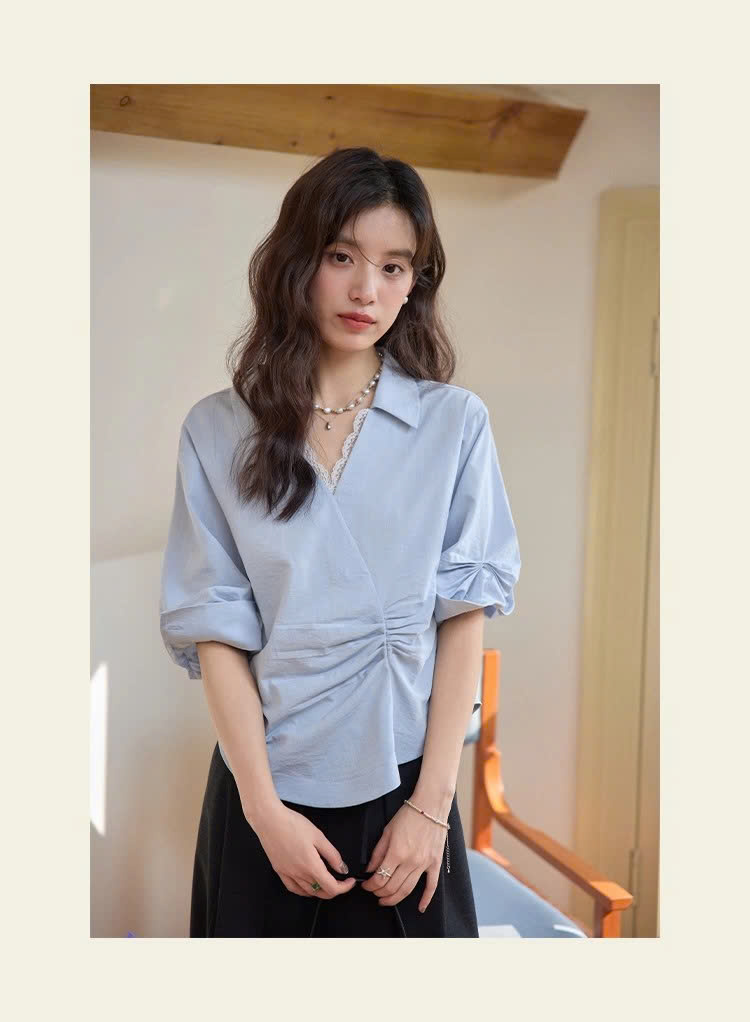 SM60 Áo Sơ Mi Nữ Tay Lửng Nhún Eo MAKILANA, Áo Sơ Mi Trắng Cổ Vest Tay Lửng Phồng Nhẹ Xếp Ly Dành Cho Nữ