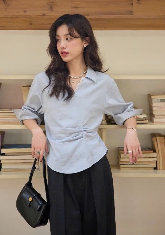 SM60 Áo Sơ Mi Nữ Tay Lửng Nhún Eo MAKILANA, Áo Sơ Mi Trắng Cổ Vest Tay Lửng Phồng Nhẹ Xếp Ly Dành Cho Nữ