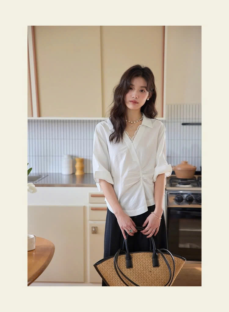 SM60 Áo Sơ Mi Nữ Tay Lửng Nhún Eo MAKILANA, Áo Sơ Mi Trắng Cổ Vest Tay Lửng Phồng Nhẹ Xếp Ly Dành Cho Nữ