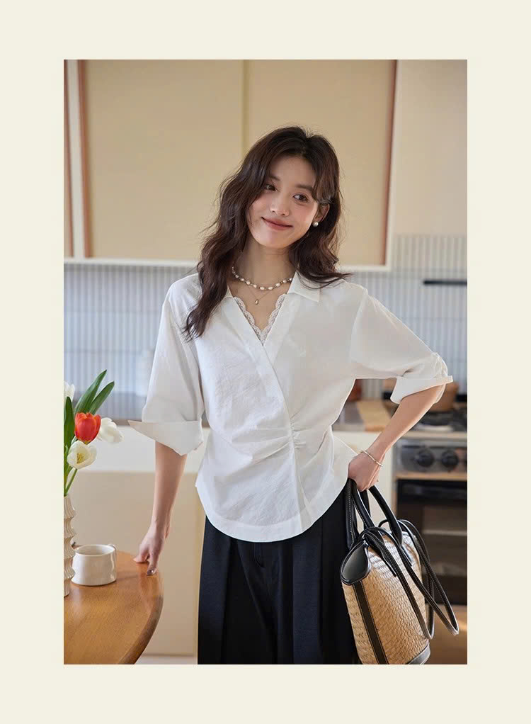 SM60 Áo Sơ Mi Nữ Tay Lửng Nhún Eo MAKILANA, Áo Sơ Mi Trắng Cổ Vest Tay Lửng Phồng Nhẹ Xếp Ly Dành Cho Nữ