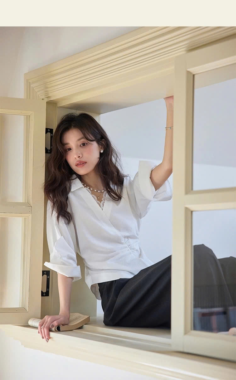 SM60 Áo Sơ Mi Nữ Tay Lửng Nhún Eo MAKILANA, Áo Sơ Mi Trắng Cổ Vest Tay Lửng Phồng Nhẹ Xếp Ly Dành Cho Nữ