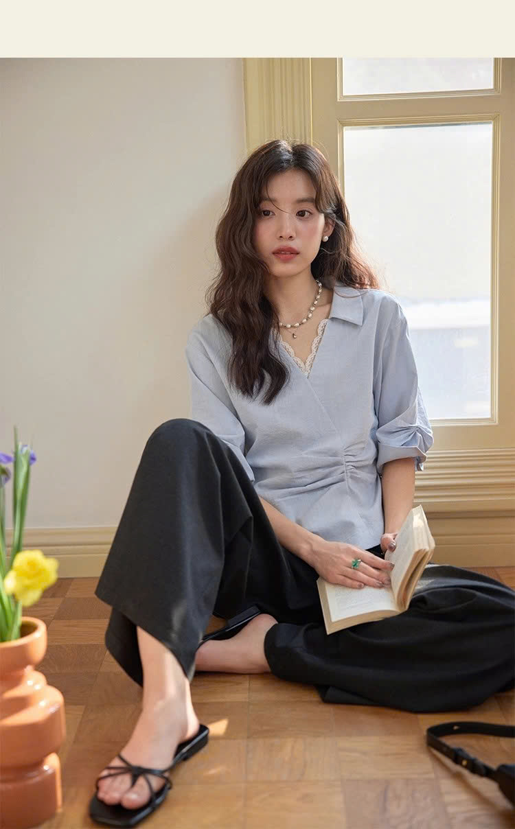 SM60 Áo Sơ Mi Nữ Tay Lửng Nhún Eo MAKILANA, Áo Sơ Mi Trắng Cổ Vest Tay Lửng Phồng Nhẹ Xếp Ly Dành Cho Nữ