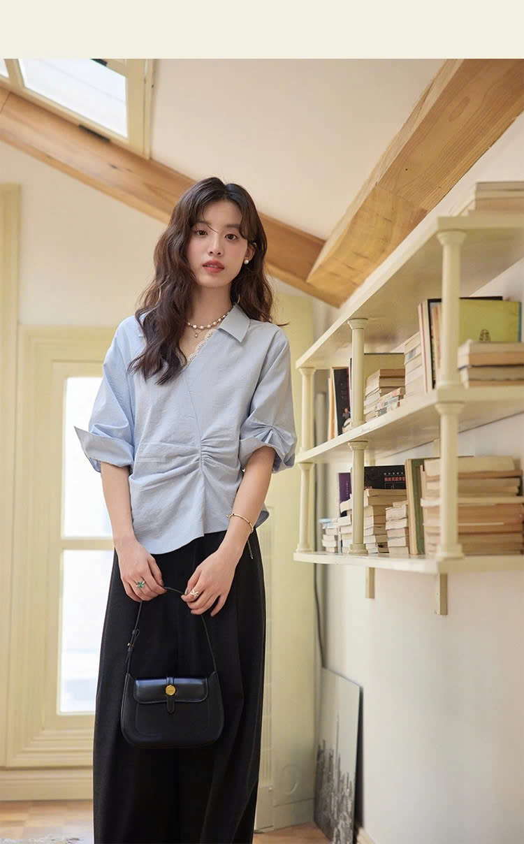SM60 Áo Sơ Mi Nữ Tay Lửng Nhún Eo MAKILANA, Áo Sơ Mi Trắng Cổ Vest Tay Lửng Phồng Nhẹ Xếp Ly Dành Cho Nữ