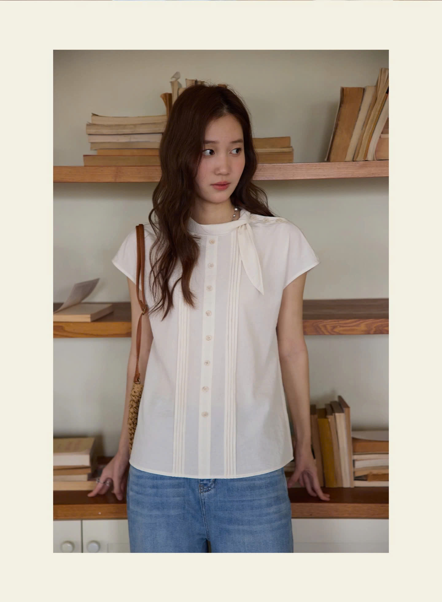 SM62 Áo Sơ Mi Tay Cánh Tiên Cổ Nơ Lệch MAKILANA Dành Cho Nữ