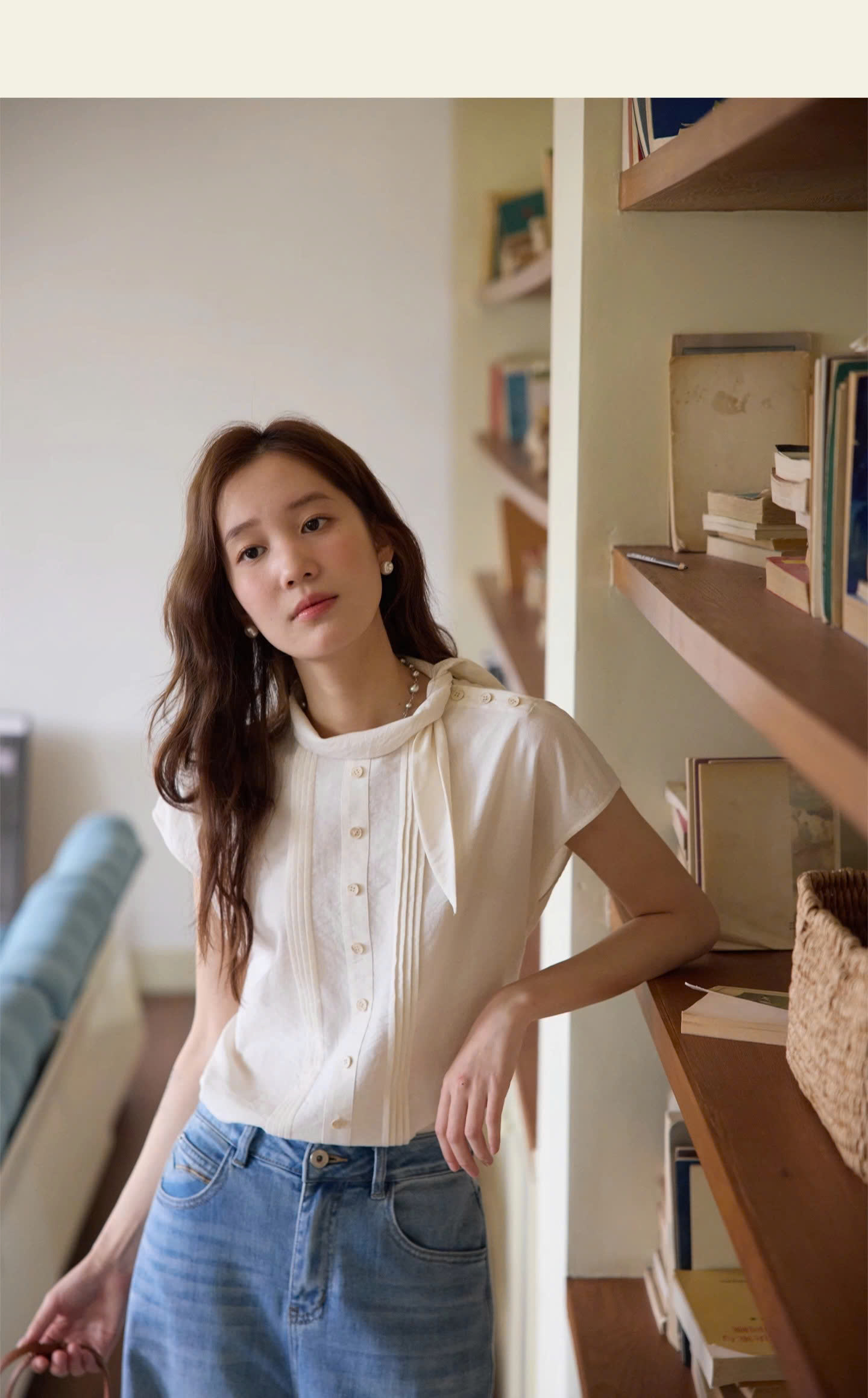 SM62 Áo Sơ Mi Tay Cánh Tiên Cổ Nơ Lệch MAKILANA Dành Cho Nữ
