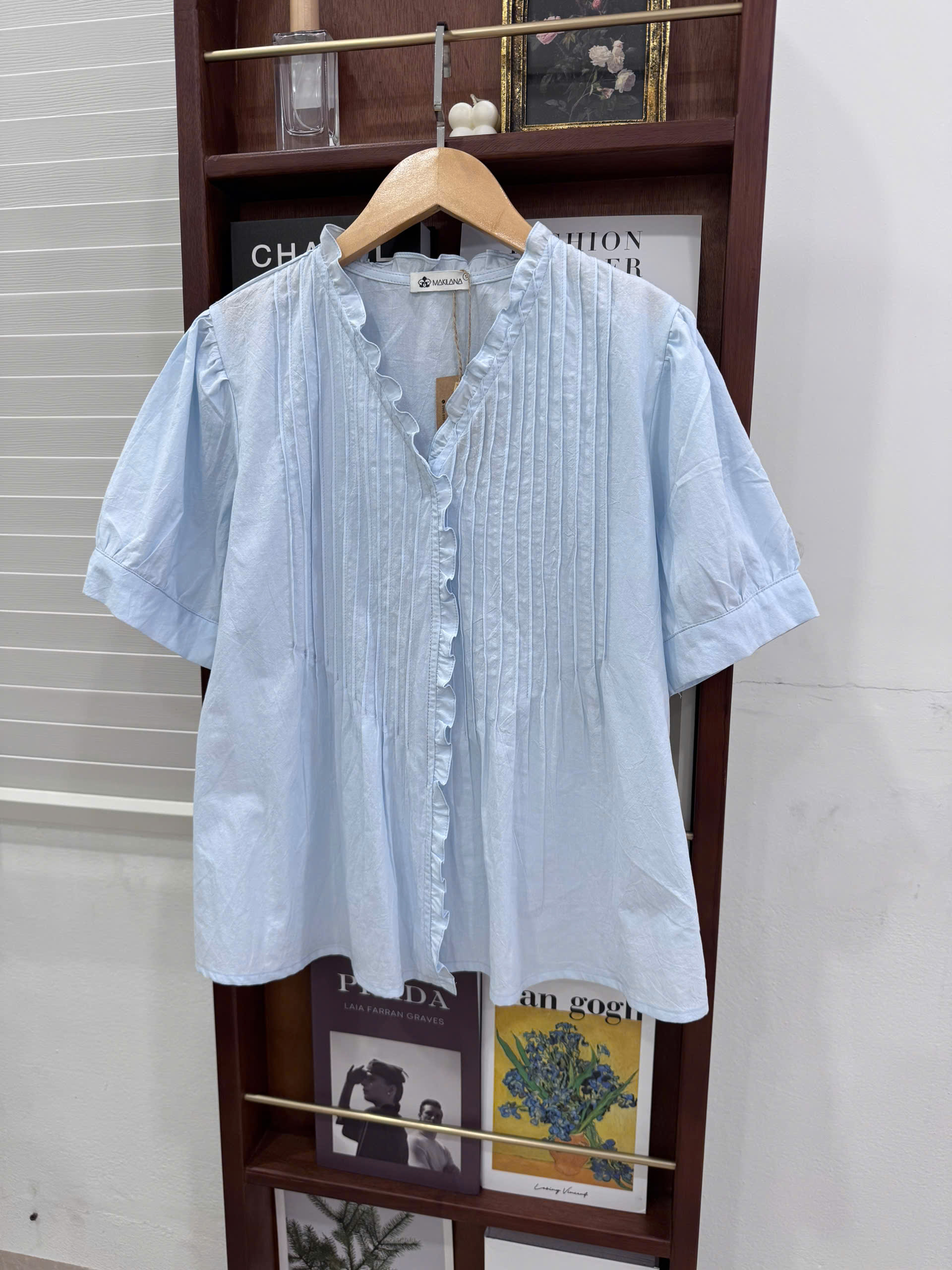 SM50 Áo sơ mi ngắn tay cổ chữ V xếp ly kiểu Pháp MAKILANA dành cho nữ, Áo sơ mi tay bồng phong cách mùa hè 2026