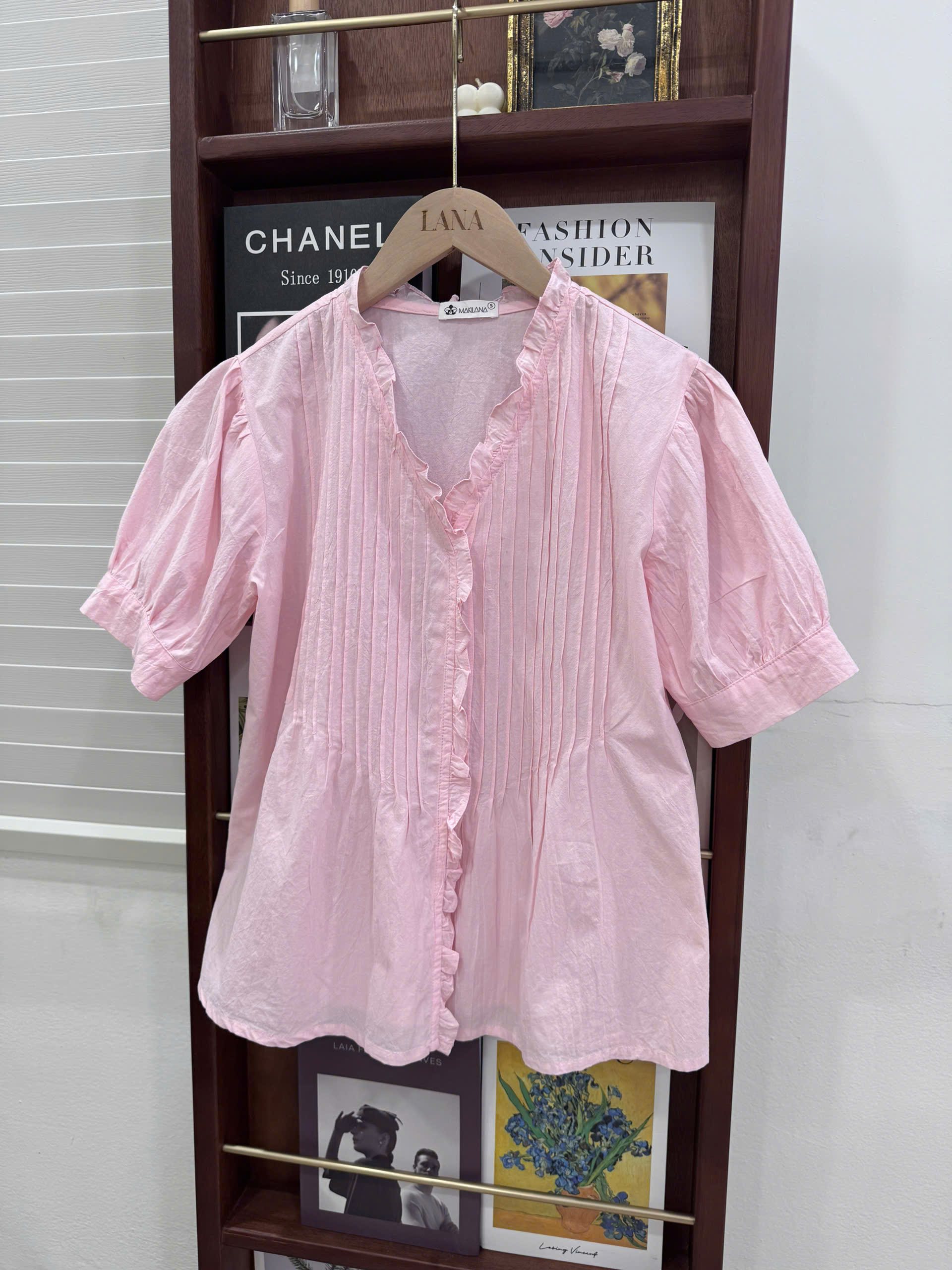 SM50 Áo sơ mi ngắn tay cổ chữ V xếp ly kiểu Pháp MAKILANA dành cho nữ, Áo sơ mi tay bồng phong cách mùa hè 2026