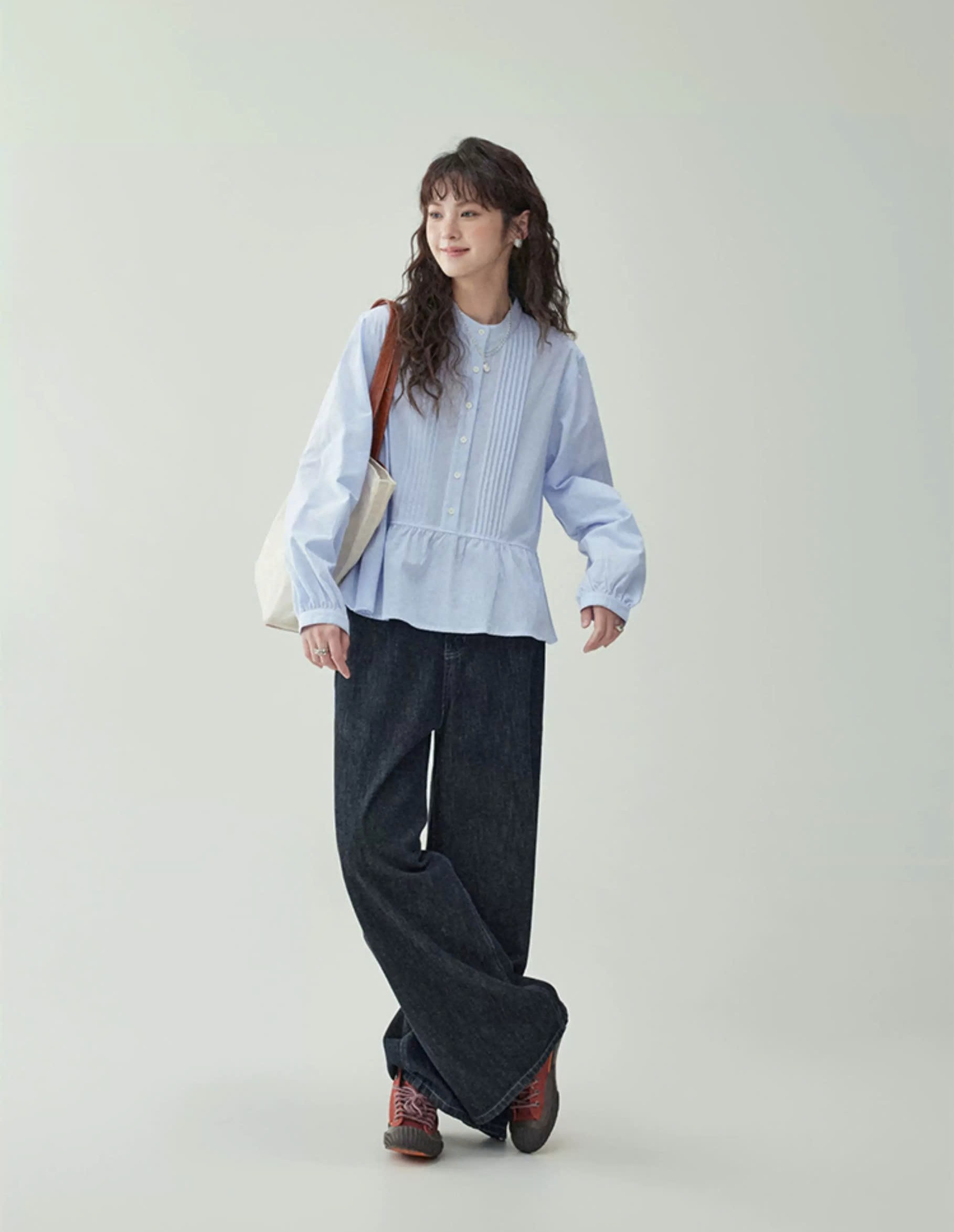 SM69 Áo Sơ Mi Nữ Thiết Kế Peplum Xếp Ly Thanh Lịch MAKILANA, Áo Sơ Mi Dài Tay Cổ Tàu Dành Cho Nữ