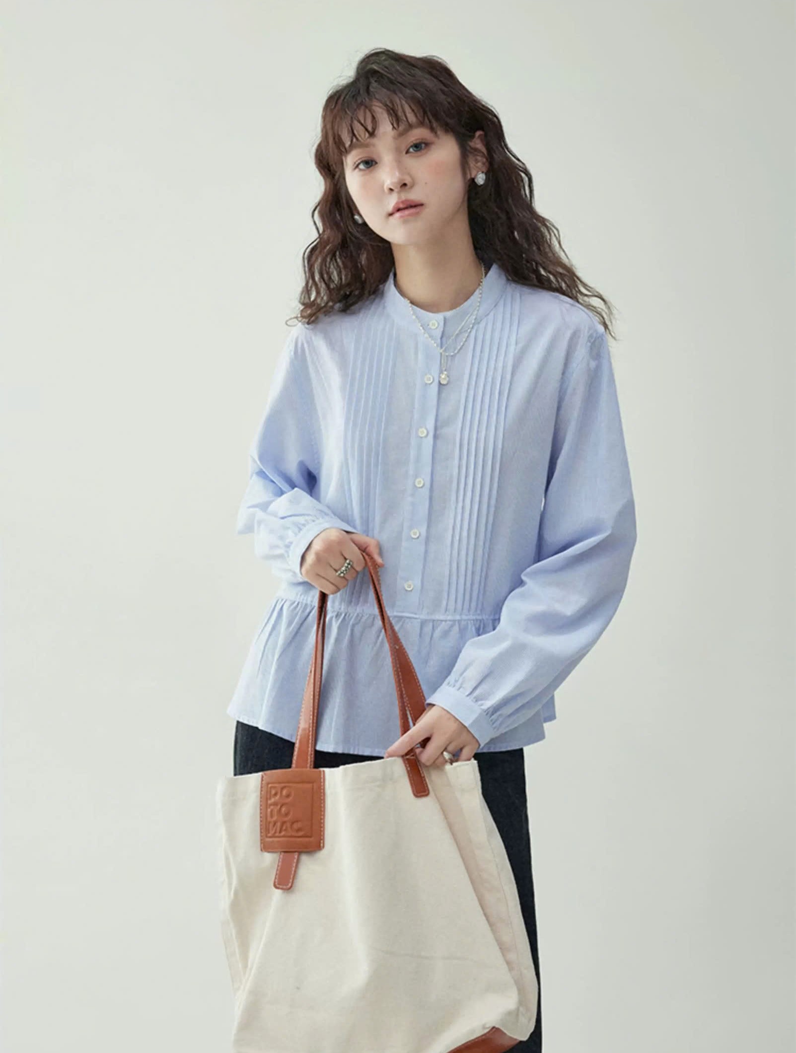 SM69 Áo Sơ Mi Nữ Thiết Kế Peplum Xếp Ly Thanh Lịch MAKILANA, Áo Sơ Mi Dài Tay Cổ Tàu Dành Cho Nữ