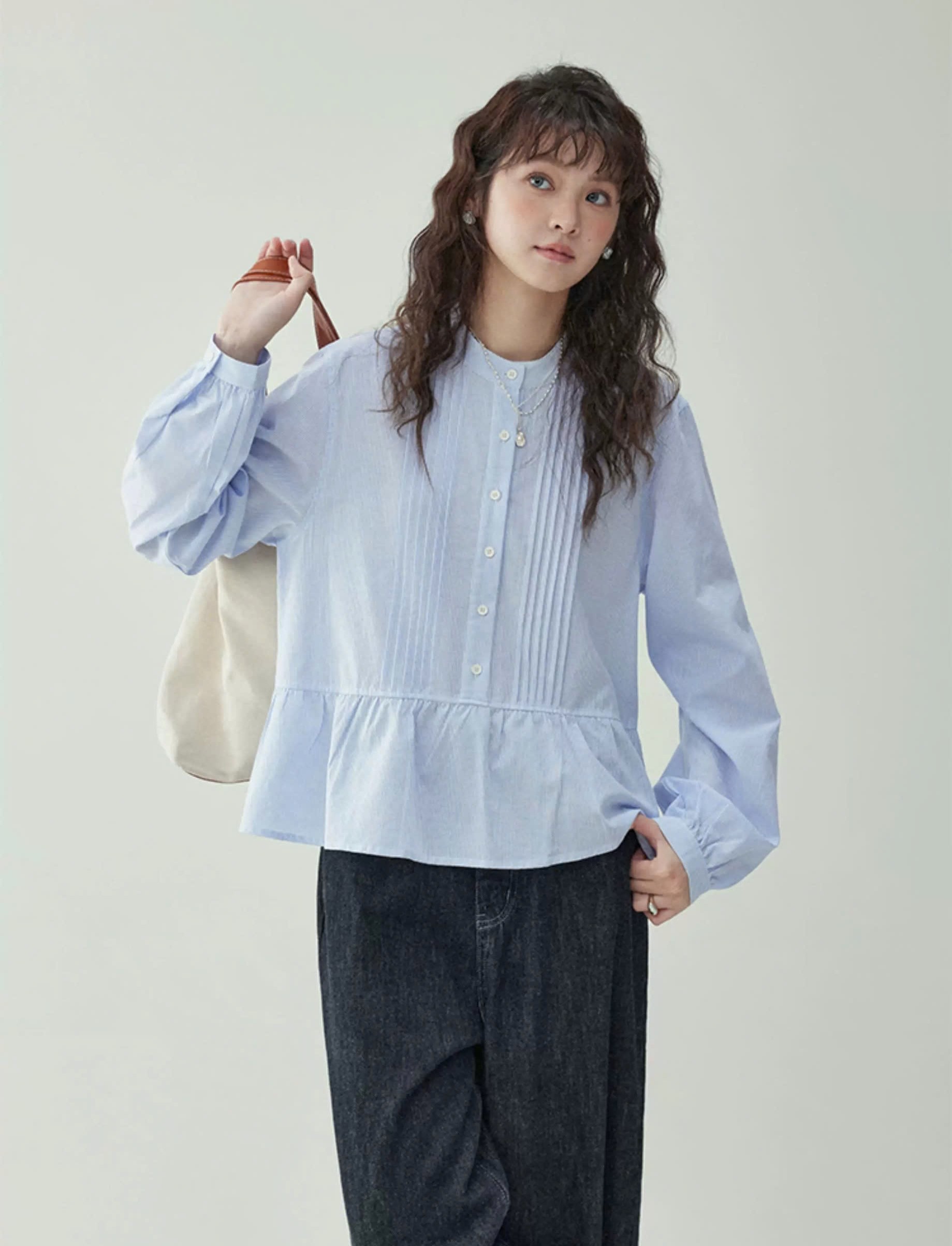 SM69 Áo Sơ Mi Nữ Thiết Kế Peplum Xếp Ly Thanh Lịch MAKILANA, Áo Sơ Mi Dài Tay Cổ Tàu Dành Cho Nữ