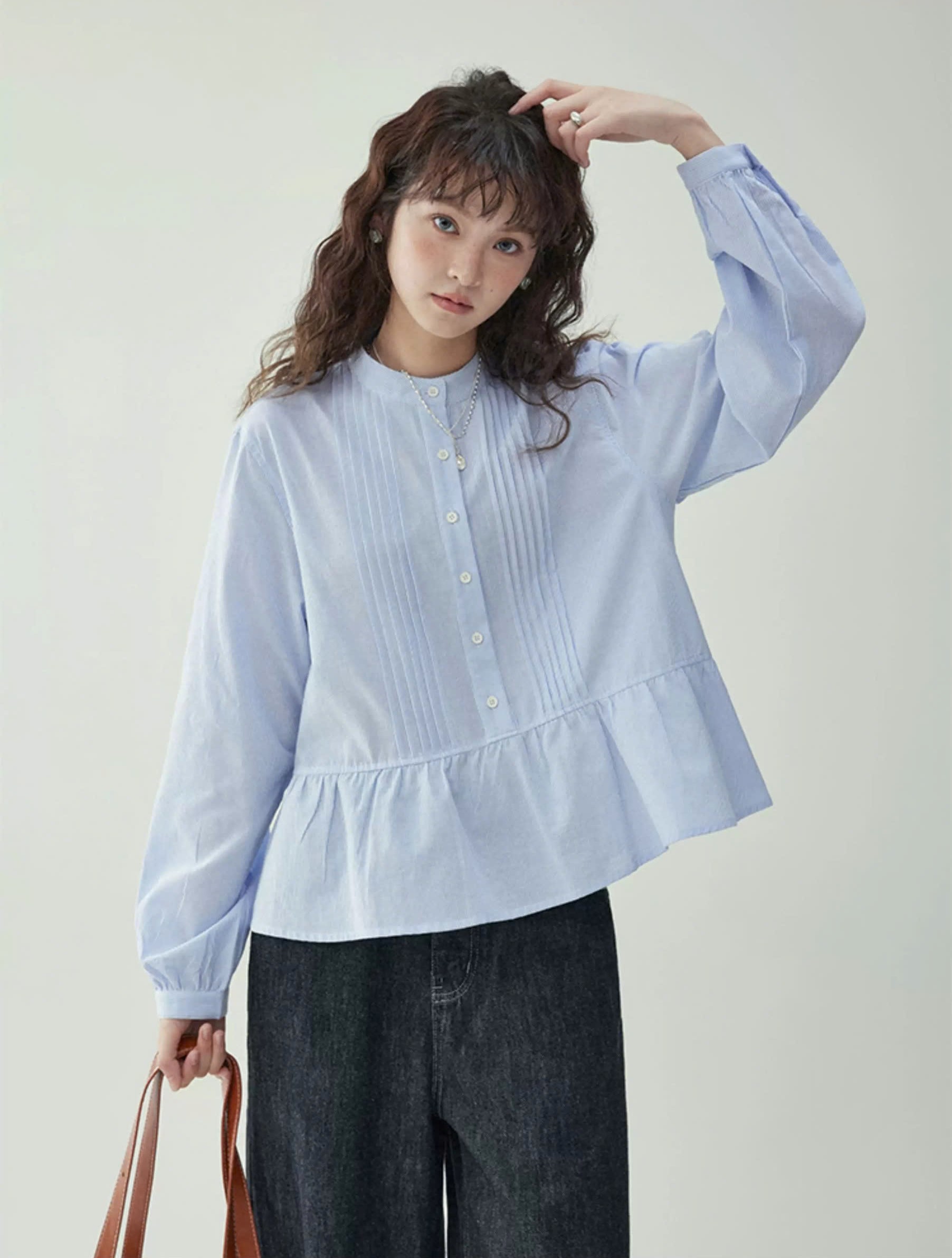 SM69 Áo Sơ Mi Nữ Thiết Kế Peplum Xếp Ly Thanh Lịch MAKILANA, Áo Sơ Mi Dài Tay Cổ Tàu Dành Cho Nữ