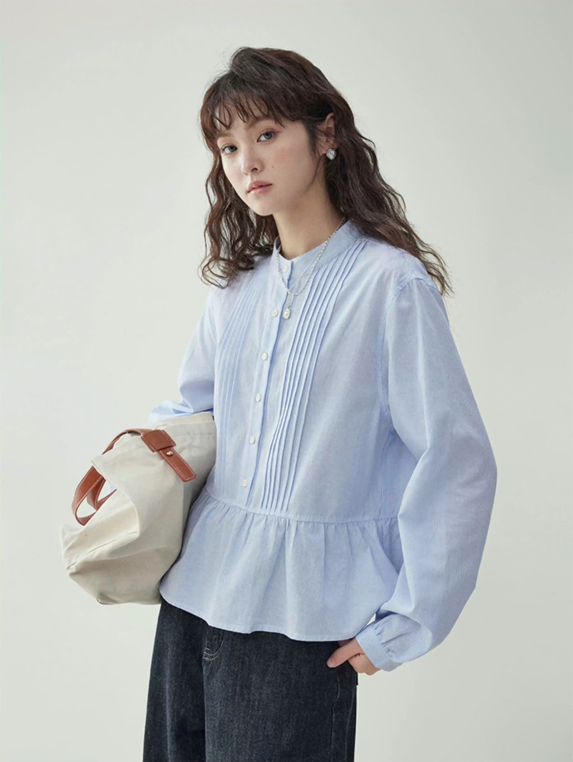 SM69 Áo Sơ Mi Nữ Thiết Kế Peplum Xếp Ly Thanh Lịch MAKILANA, Áo Sơ Mi Dài Tay Cổ Tàu Dành Cho Nữ