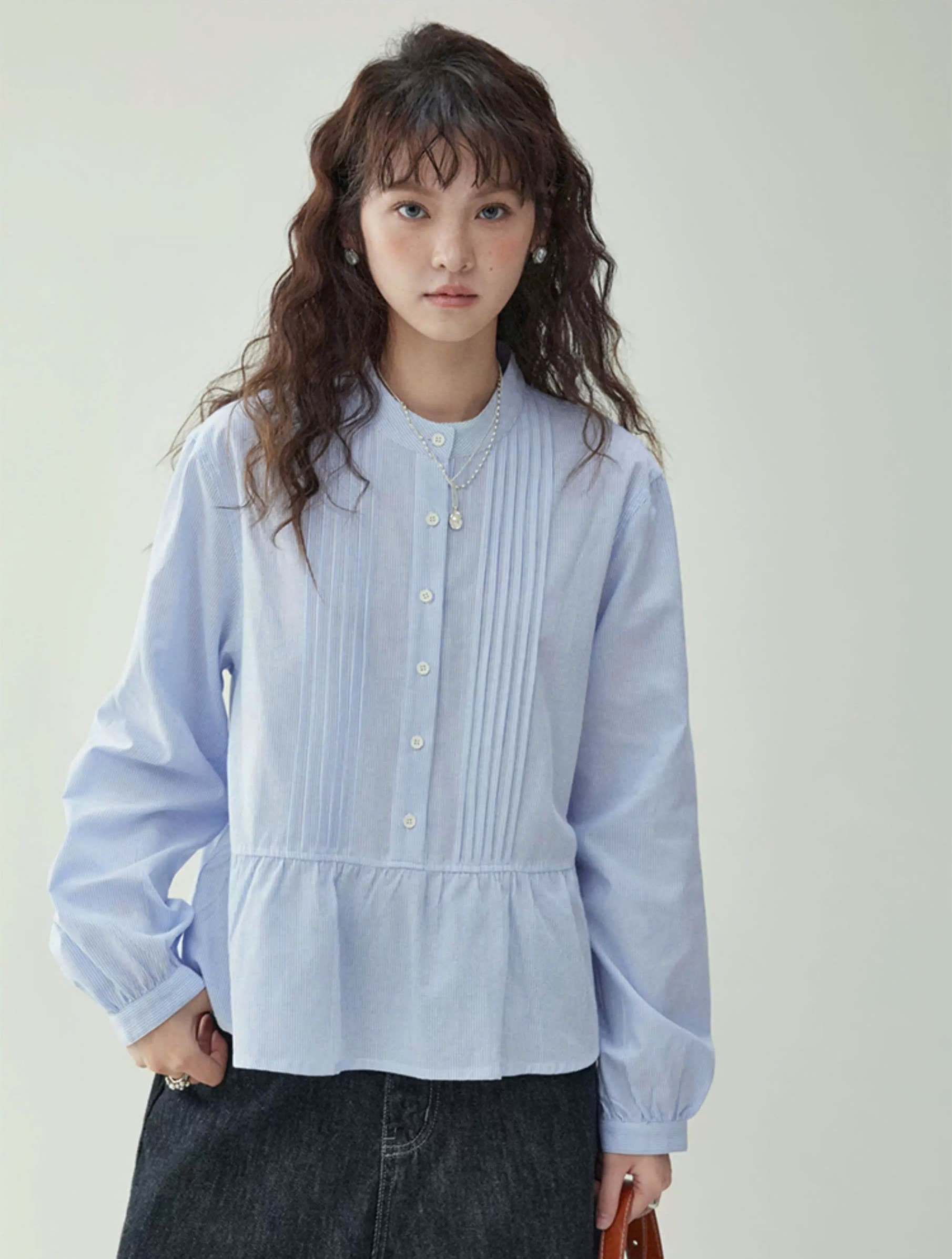 SM69 Áo Sơ Mi Nữ Thiết Kế Peplum Xếp Ly Thanh Lịch MAKILANA, Áo Sơ Mi Dài Tay Cổ Tàu Dành Cho Nữ