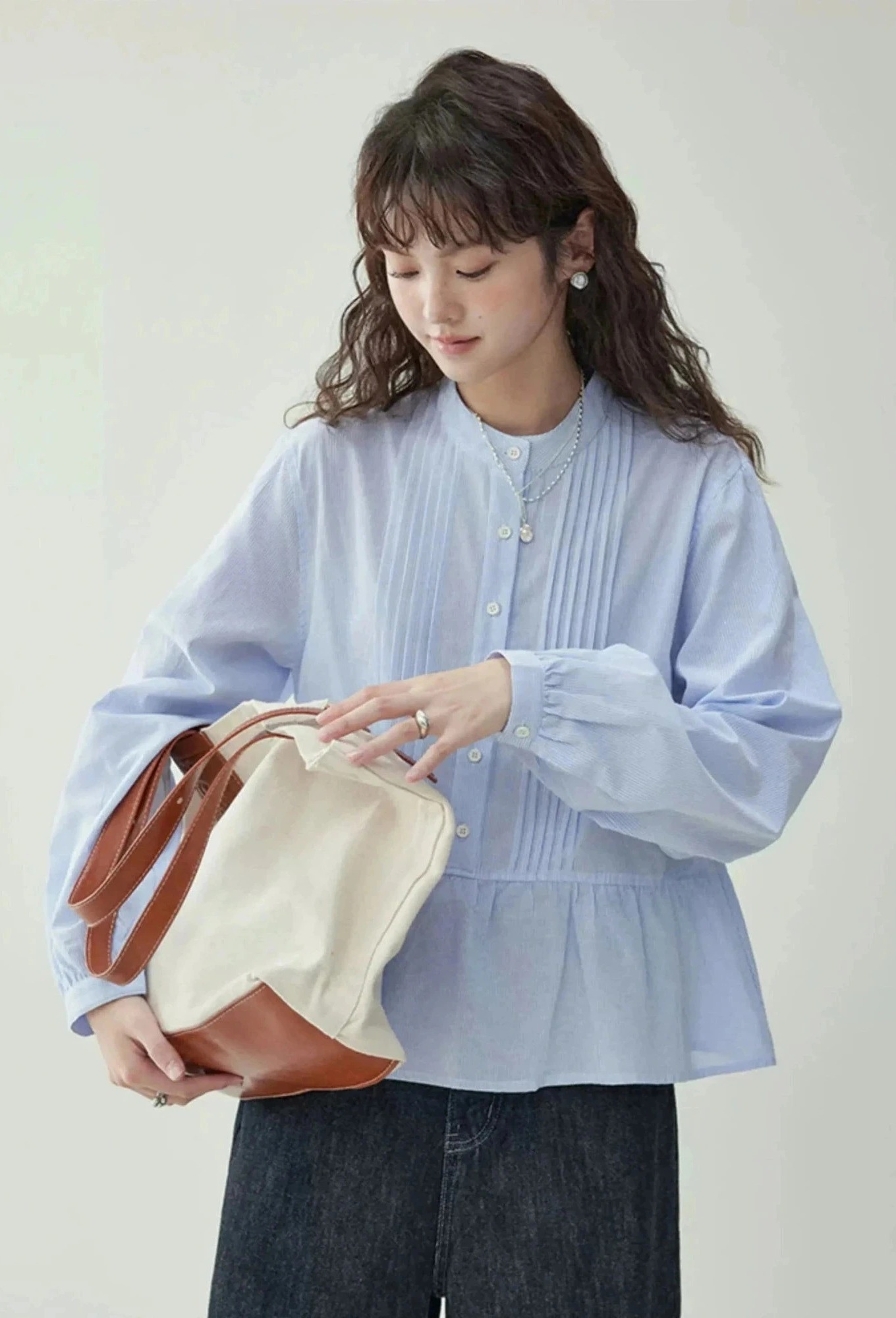 SM69 Áo Sơ Mi Nữ Thiết Kế Peplum Xếp Ly Thanh Lịch MAKILANA, Áo Sơ Mi Dài Tay Cổ Tàu Dành Cho Nữ