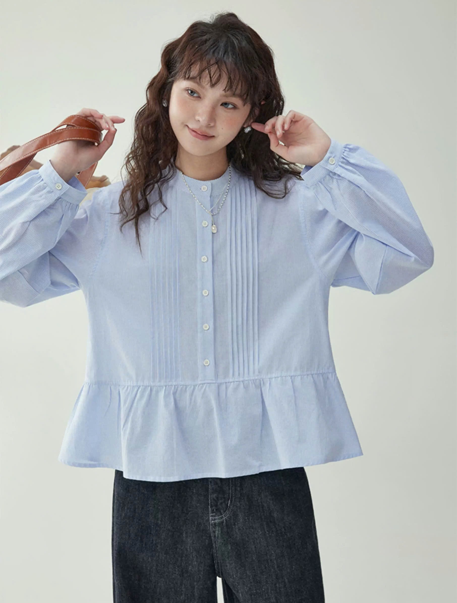 SM69 Áo Sơ Mi Nữ Thiết Kế Peplum Xếp Ly Thanh Lịch MAKILANA, Áo Sơ Mi Dài Tay Cổ Tàu Dành Cho Nữ