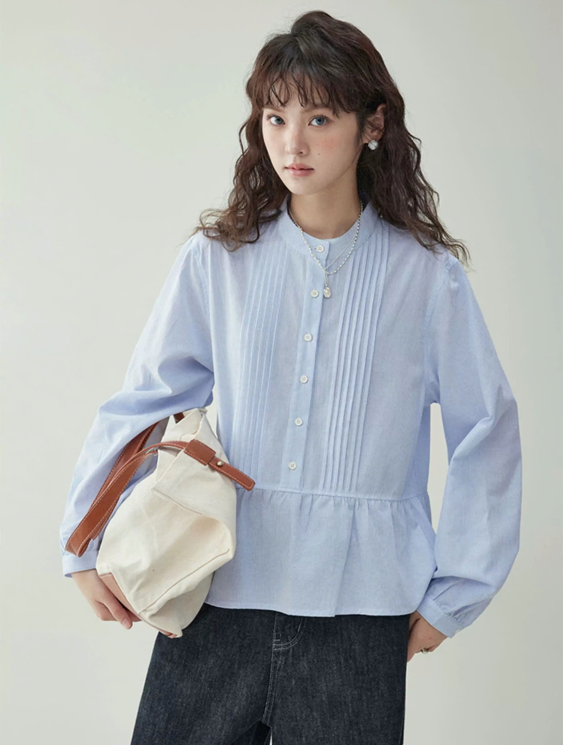 SM69 Áo Sơ Mi Nữ Thiết Kế Peplum Xếp Ly Thanh Lịch MAKILANA, Áo Sơ Mi Dài Tay Cổ Tàu Dành Cho Nữ