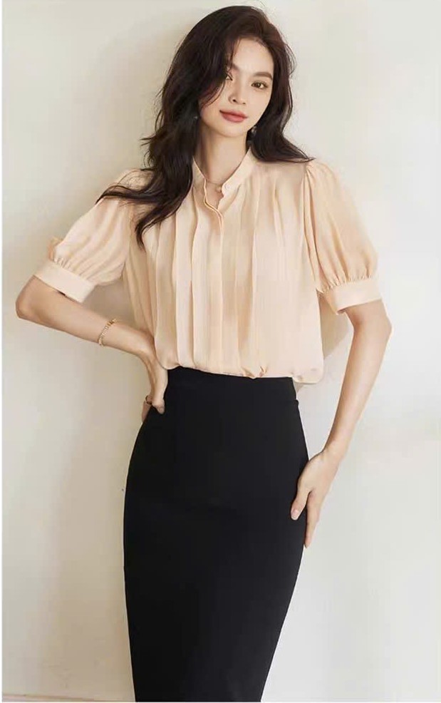 SM77 - ÁO SƠ MI NỮ CỔ ĐỨNG XẾP LY TAY BỒNG MAKILANA, ÁO SƠ MI TAY NGẮN THÂN XẾP LY DÀNH CHO NỮ