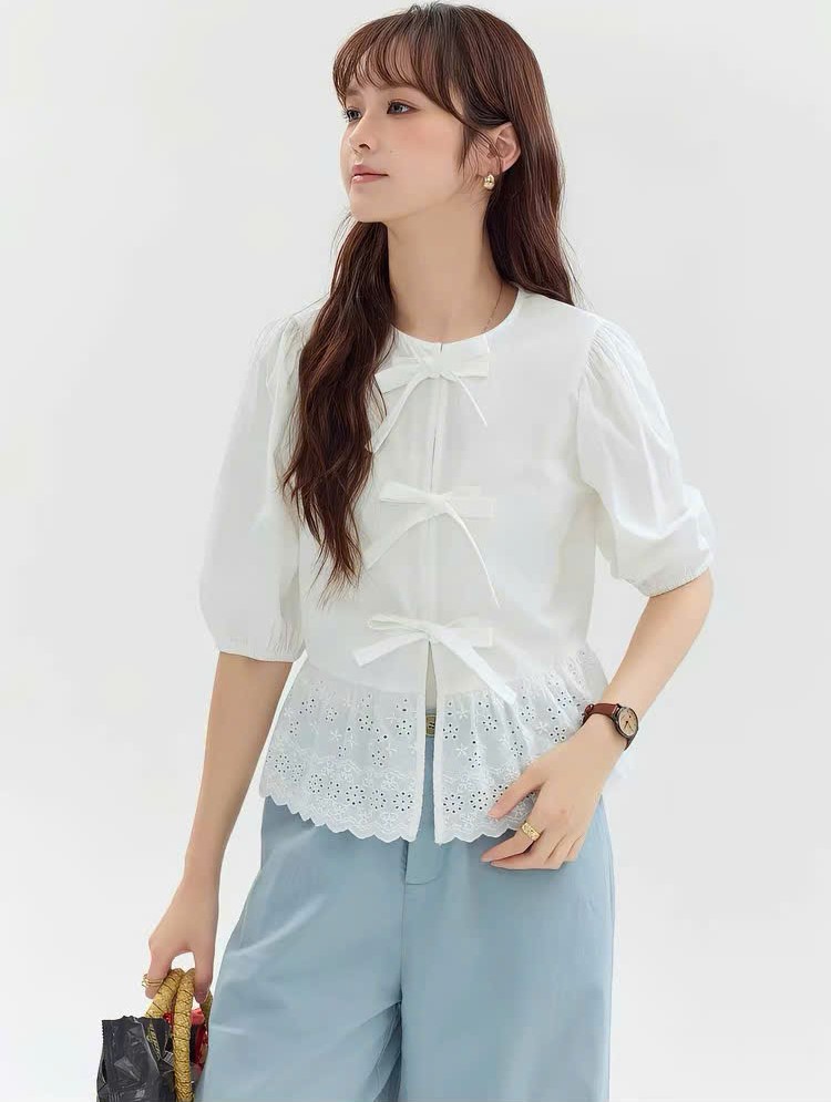 SM78 - ÁO SƠMI TAY LỬNG THIẾT KẾ NƠ BUỘC MAKILANA DÀNH CHO NỮ, ÁO SƠMI NỮ DÁNG XUÔNG VẠT ÁO PHỐI REN THÊU
