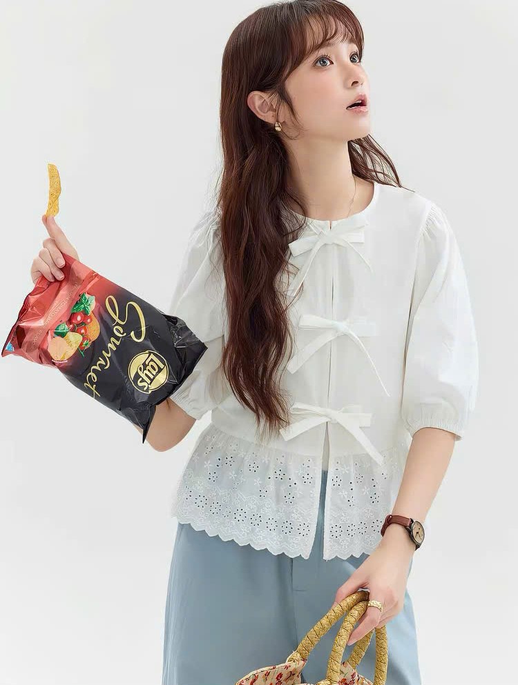 SM78 - ÁO SƠMI TAY LỬNG THIẾT KẾ NƠ BUỘC MAKILANA DÀNH CHO NỮ, ÁO SƠMI NỮ DÁNG XUÔNG VẠT ÁO PHỐI REN THÊU
