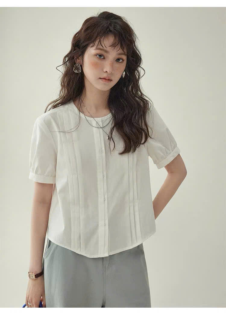SM80 - ÁO SƠ MI NỮ MÙA HÈ DÁNG RỘNG TAY BỒNG MAKILANA, ÁO SƠ MI CỔ TRÒN XẾP LY KIỂU NHẬT DÀNH CHO NỮ