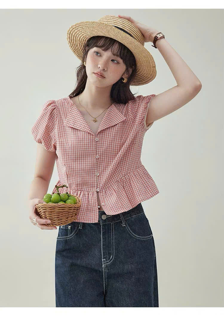 SM81 - ÁO SƠ MI NỮ TAY BỒNG CỔ CHỮ V KẺ CARO MAKILANA, ÁO SƠ MI KIỂU DÁNG NGẮN REN DÀNH CHO NỮ THÍCH HỢP CHO MÙA HÈ