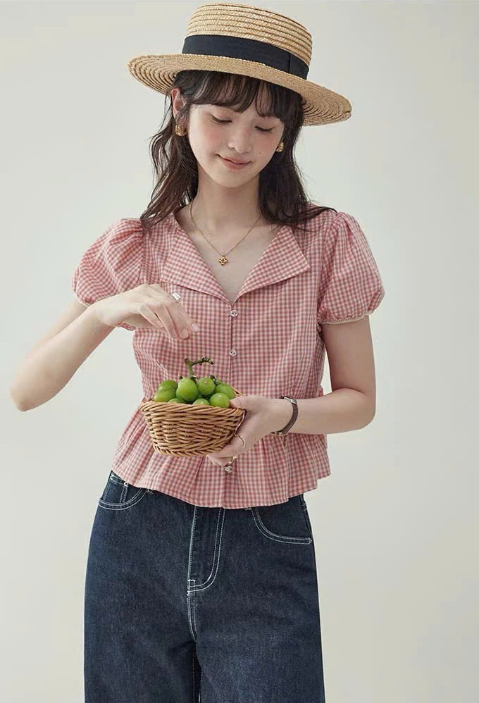 SM81 - ÁO SƠ MI NỮ TAY BỒNG CỔ CHỮ V KẺ CARO MAKILANA, ÁO SƠ MI KIỂU DÁNG NGẮN REN DÀNH CHO NỮ THÍCH HỢP CHO MÙA HÈ