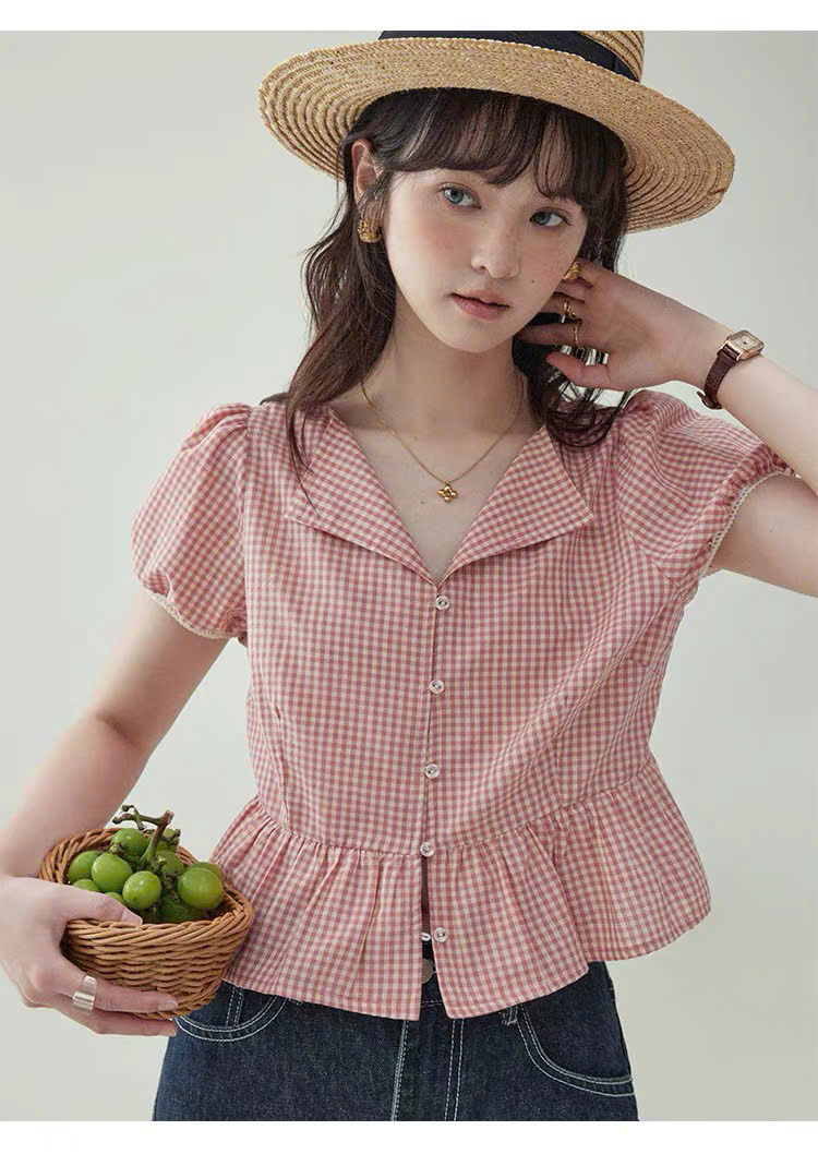 SM81 - ÁO SƠ MI NỮ TAY BỒNG CỔ CHỮ V KẺ CARO MAKILANA, ÁO SƠ MI KIỂU DÁNG NGẮN REN DÀNH CHO NỮ THÍCH HỢP CHO MÙA HÈ