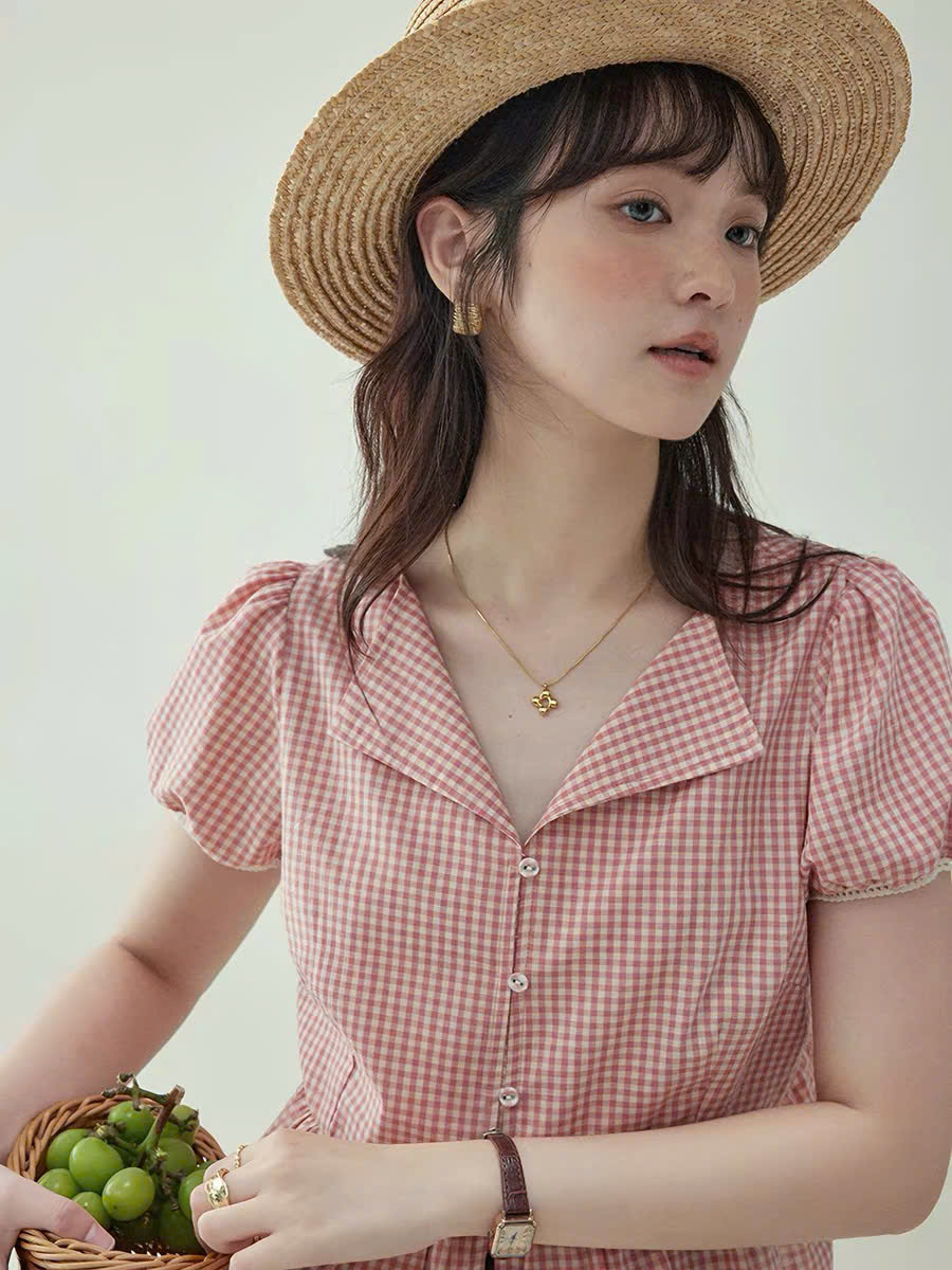 SM81 - ÁO SƠ MI NỮ TAY BỒNG CỔ CHỮ V KẺ CARO MAKILANA, ÁO SƠ MI KIỂU DÁNG NGẮN REN DÀNH CHO NỮ THÍCH HỢP CHO MÙA HÈ