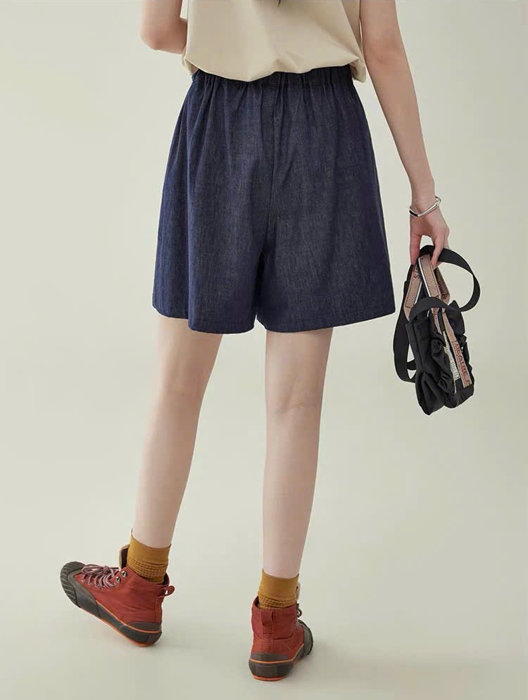 QS17 - Quần Short Nữ Denim Thiết Kế Giả Váy Vạt Xếp Ly Trước Lưng Thun MAKILANA
