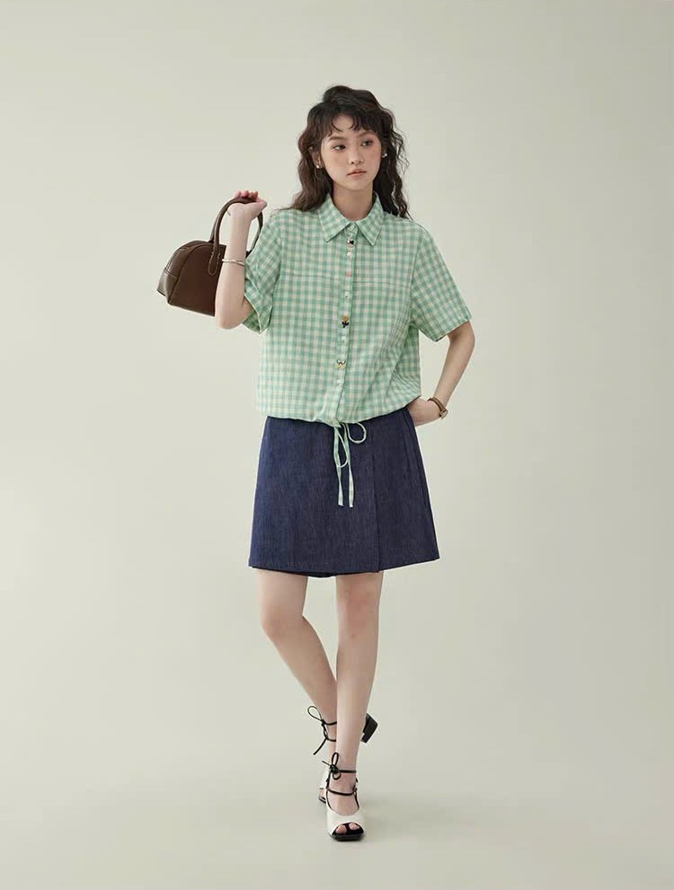 QS17 - Quần Short Nữ Denim Thiết Kế Giả Váy Vạt Xếp Ly Trước Lưng Thun MAKILANA