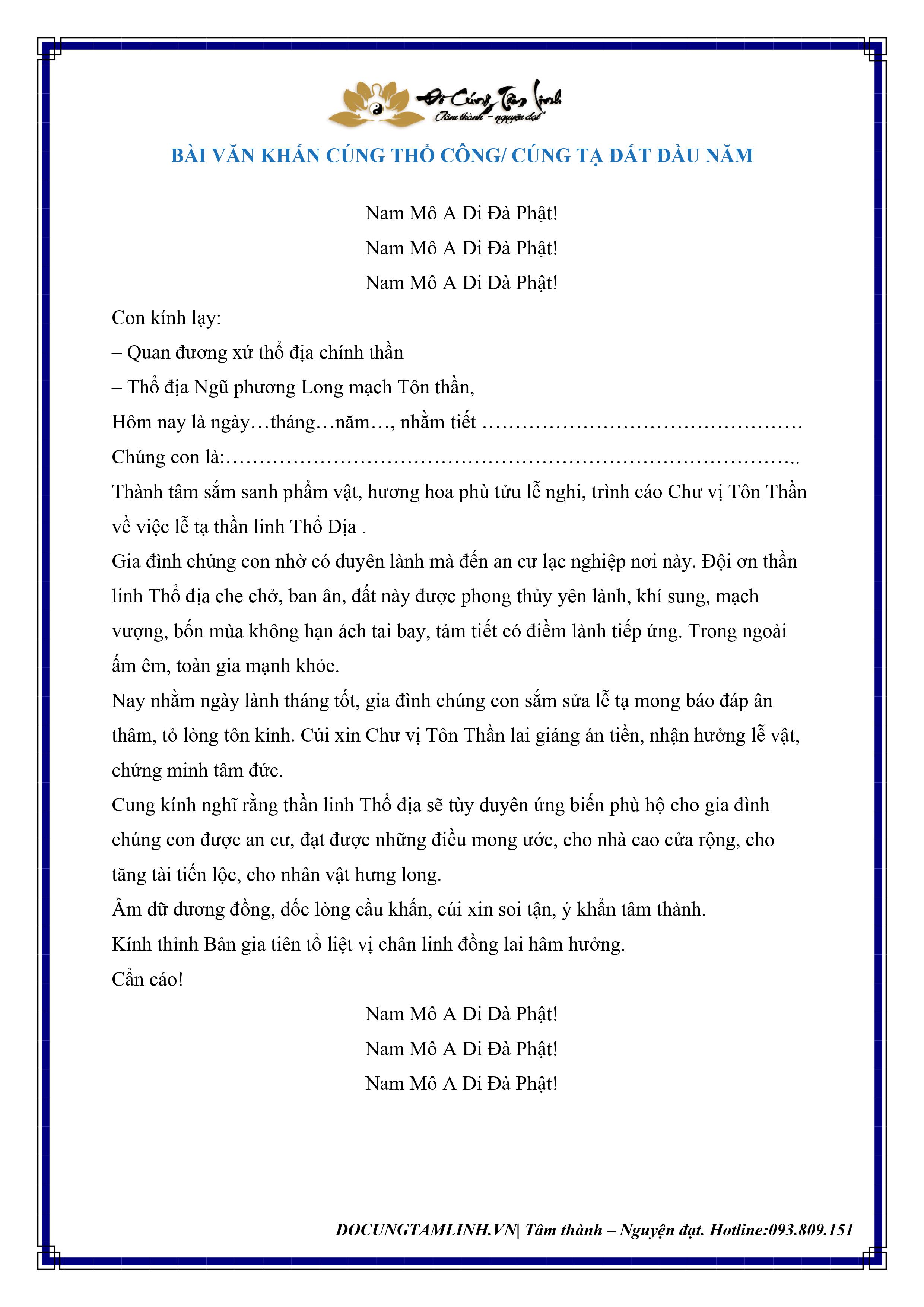 BÀI VĂN KHẤN CÚNG THỔ CÔNG - TẠ ĐẤT (ĐẦU NĂM)