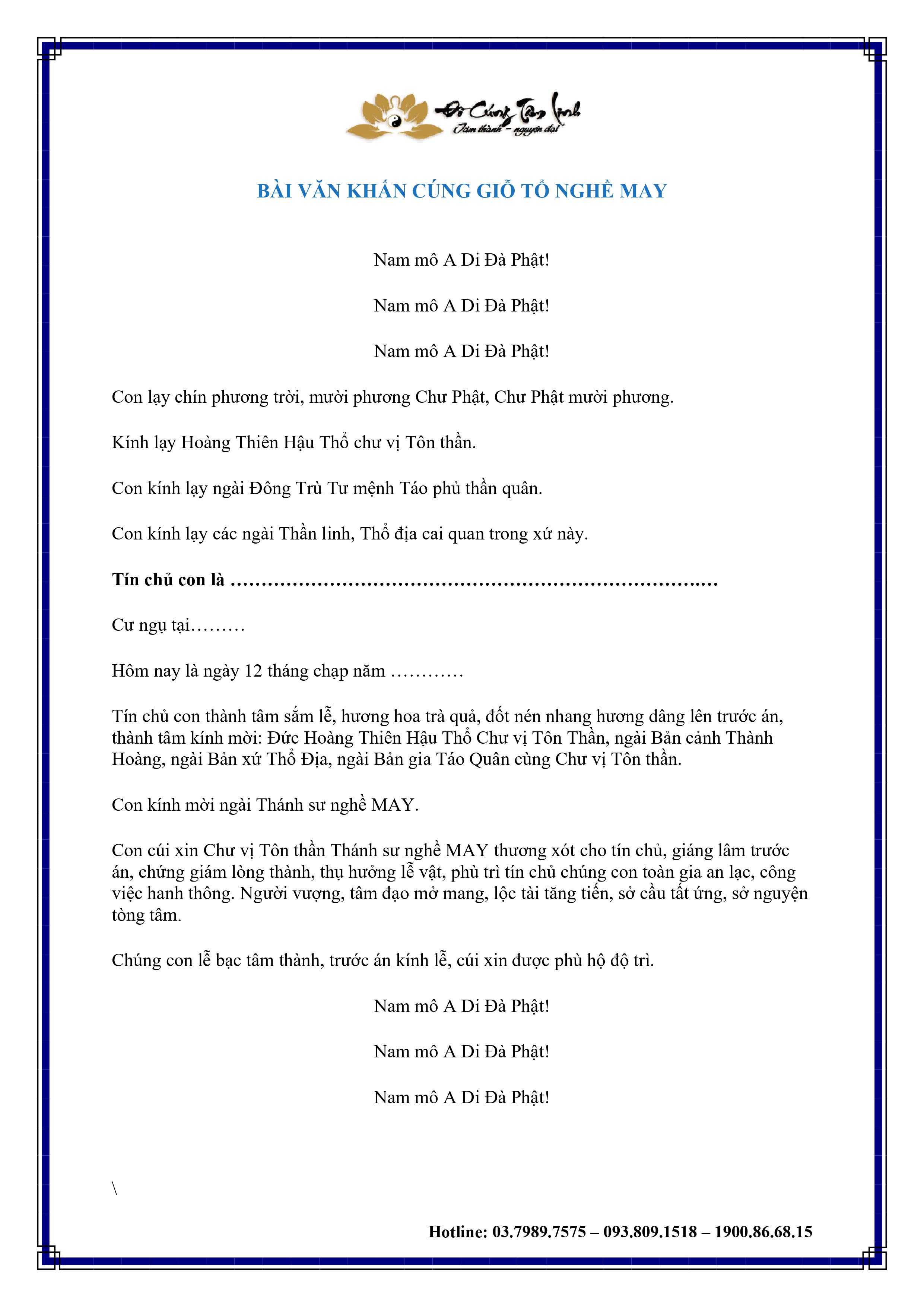 BÀI VĂN KHẤN CÚNG TỔ NGHỀ MAY