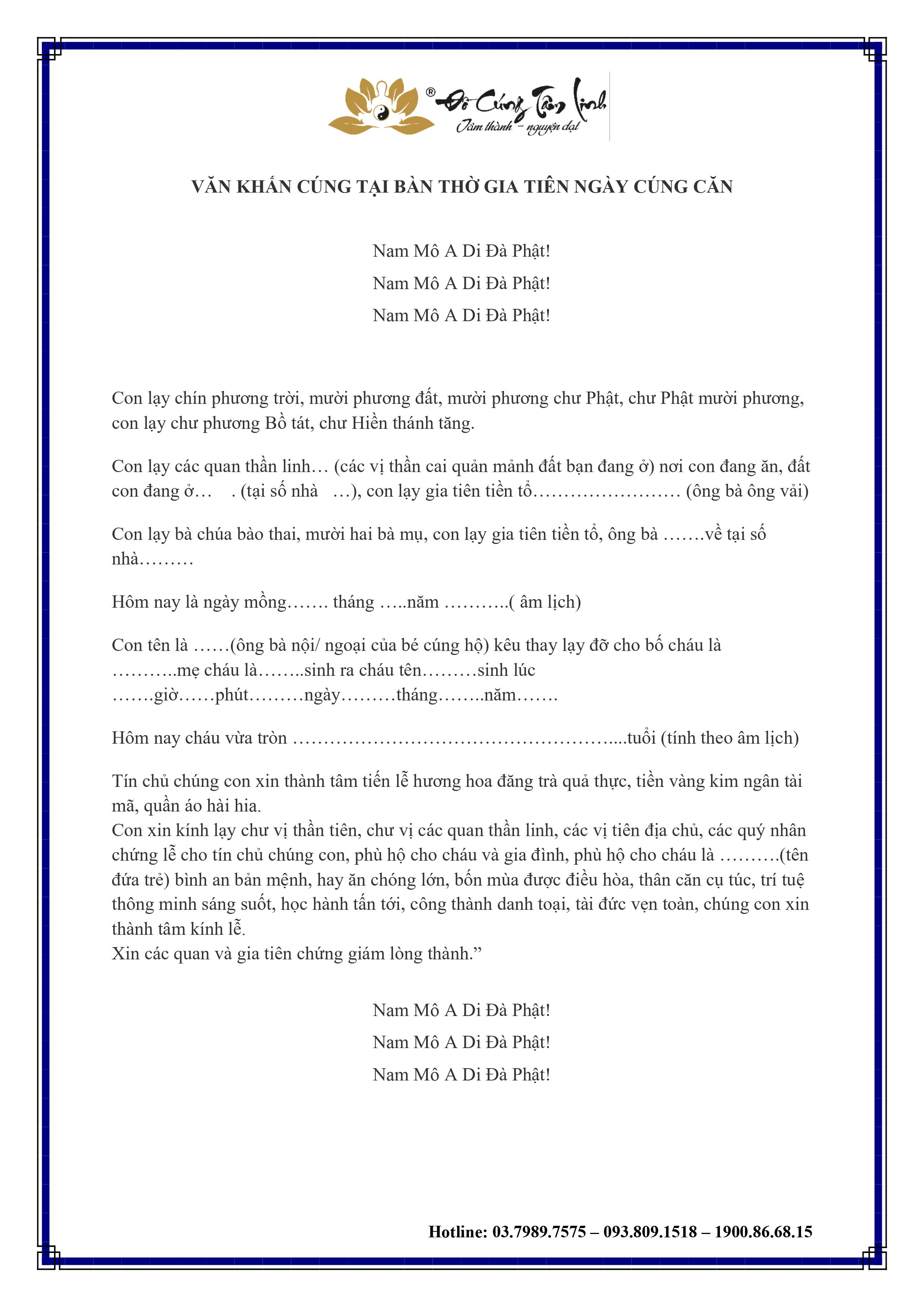 BÀI VĂN KHẤN CÚNG TẠI BÀN THỠ GIA TIÊN NGÀY CÚNG CĂN CHO BÉ
