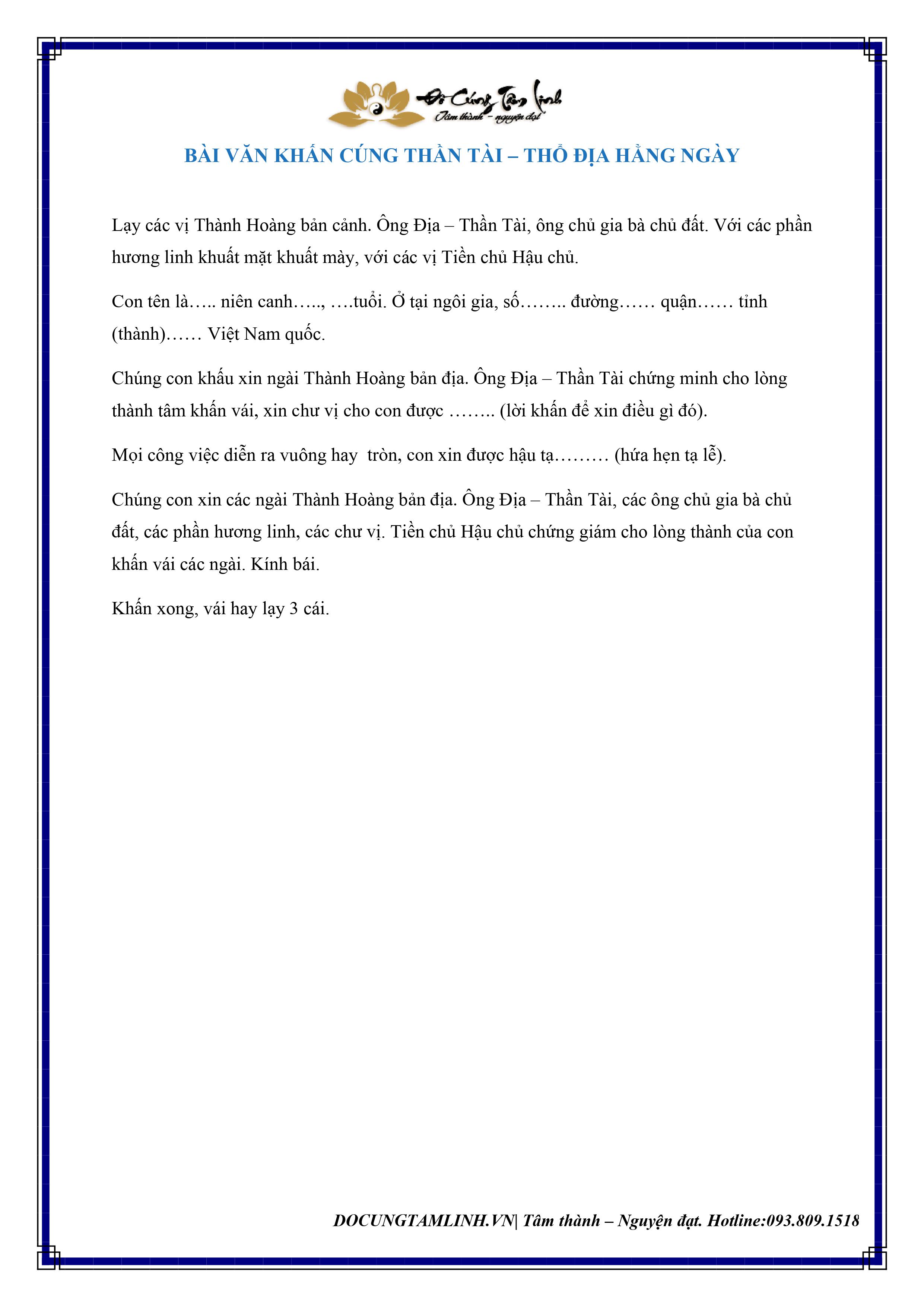 BÀI VĂN KHẤN CÚNG THẦN TÀI THỔ ĐỊA HẰNG NGÀY