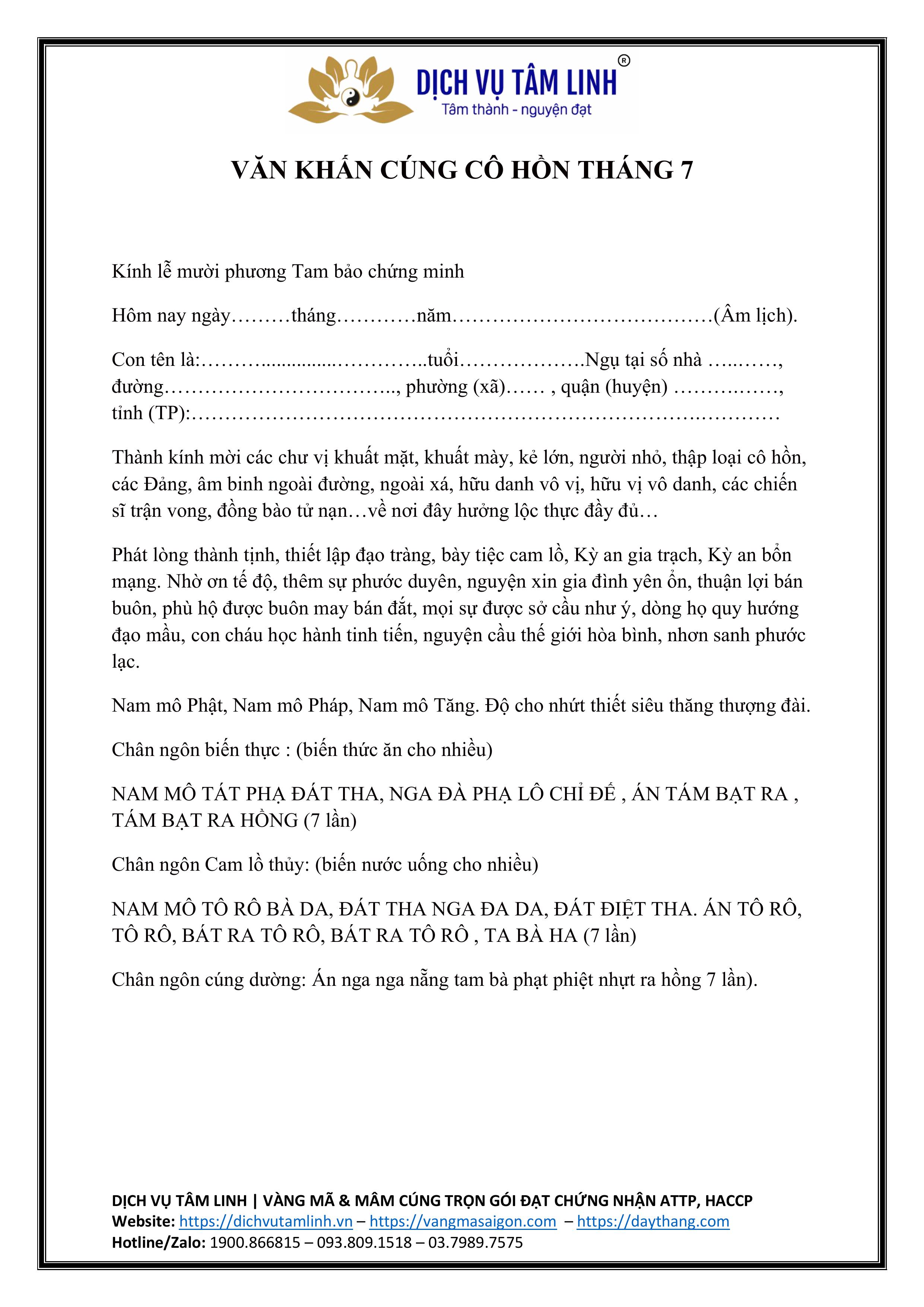 BÀI VĂN KHẤN CÚNG VONG LINH (CÔ HỒN)