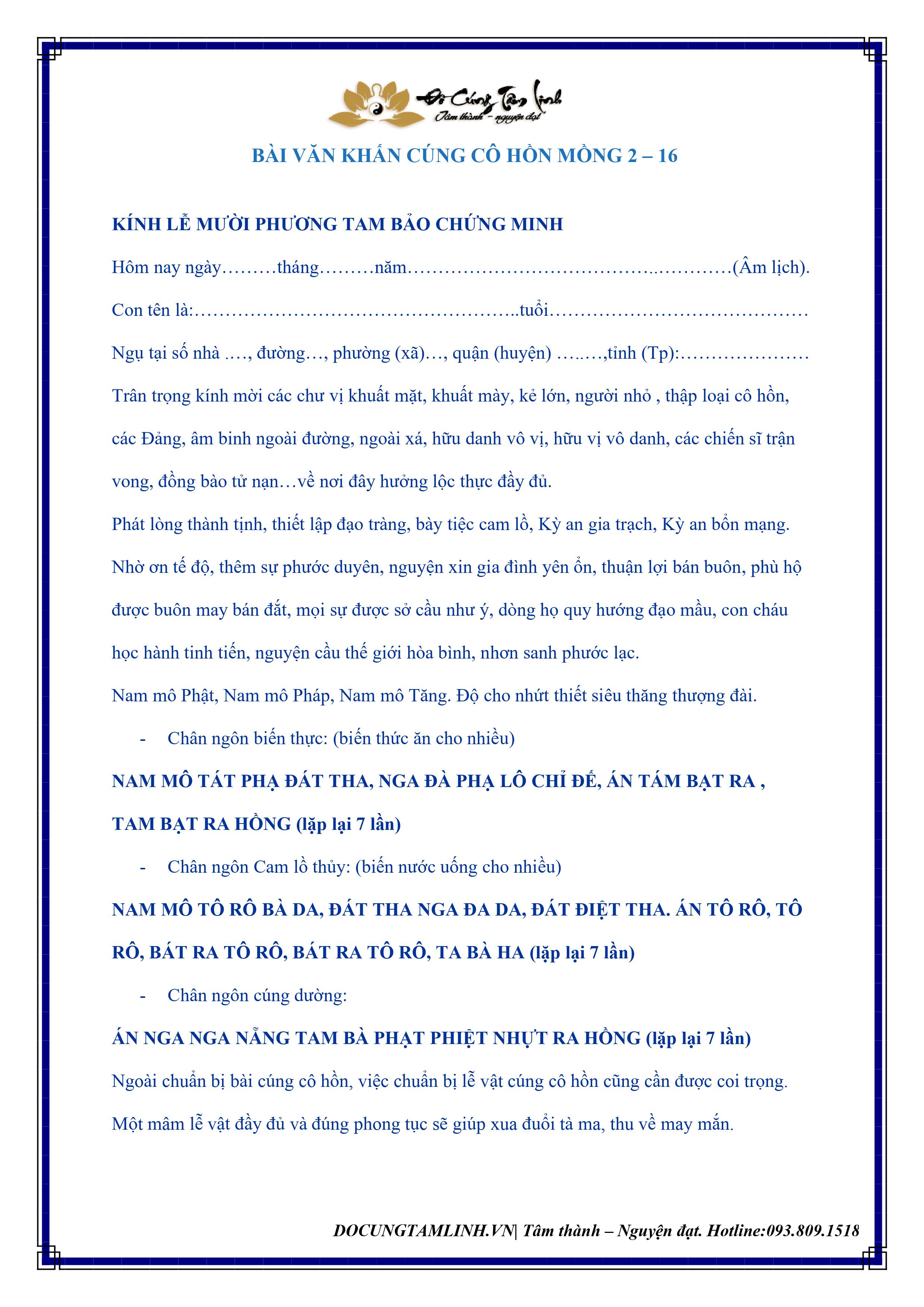 Văn Khấn Cúng M2-16 hàng tháng