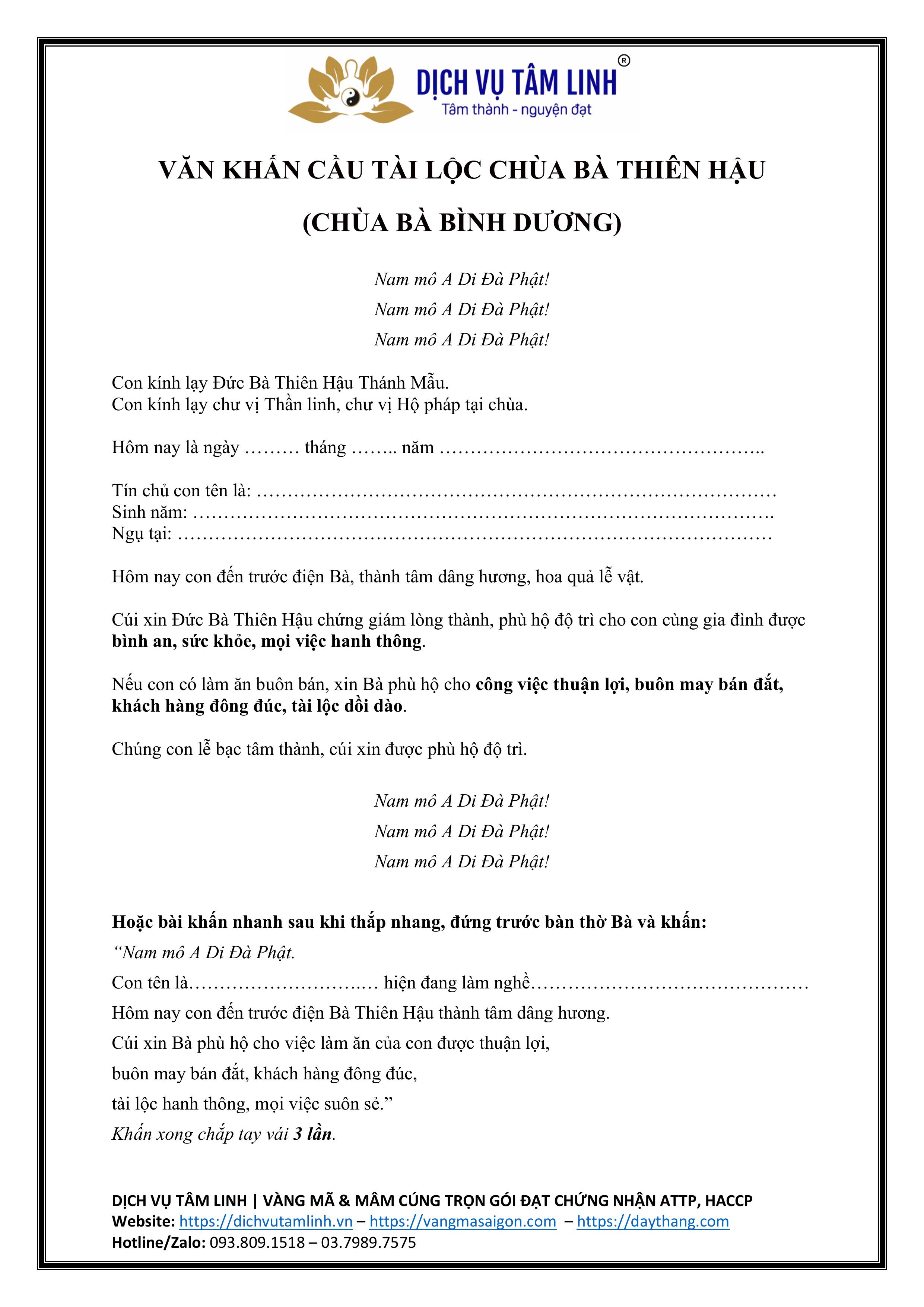 Bài Văn Khấn Chùa Bà Bình Dương Chuẩn  – Cầu Tài Lộc, Bình An, Buôn May Bán Đắt