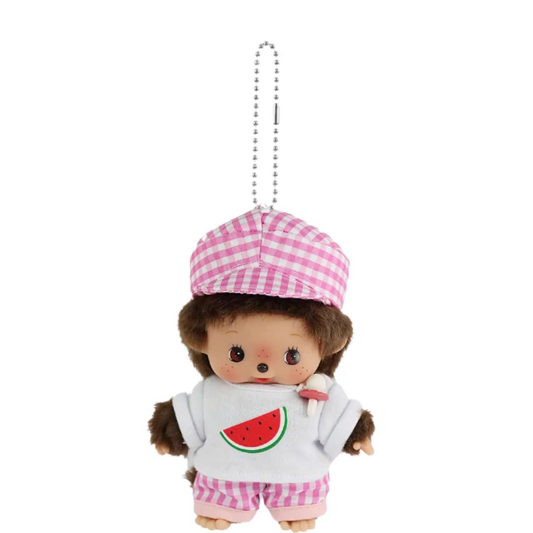 MONCHHICHI BEBICHHICHI PINK CHECKERED BOY KEYCHAIN