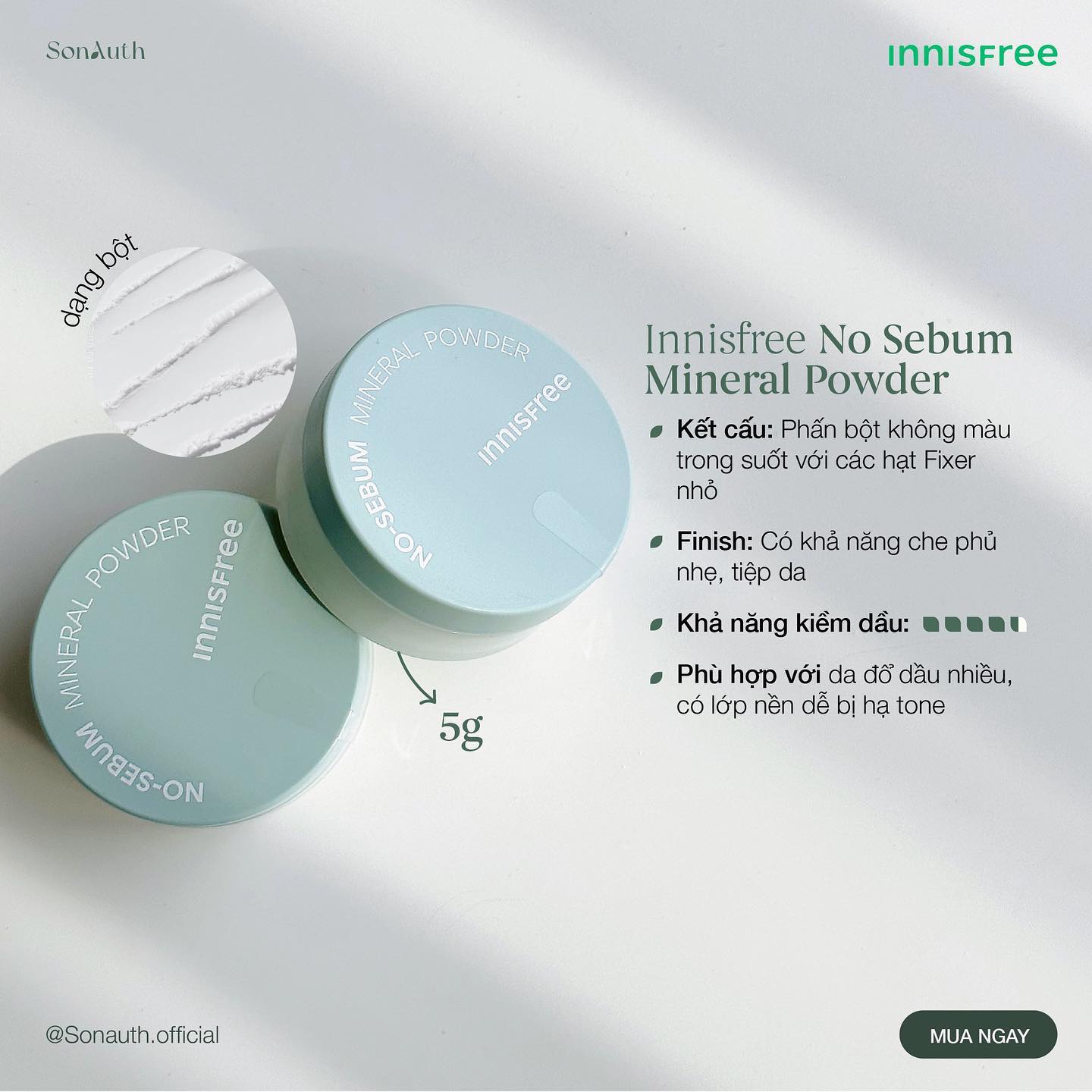 Phấn Phủ Bột Innisfree No Sebum Mineral Powder 5g (New) | SonAuth Official