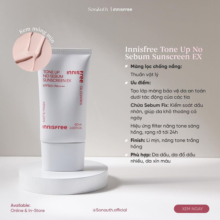 Kem Chống Nắng Innisfree Tone Up No Sebum Sunscreen EX 60ml