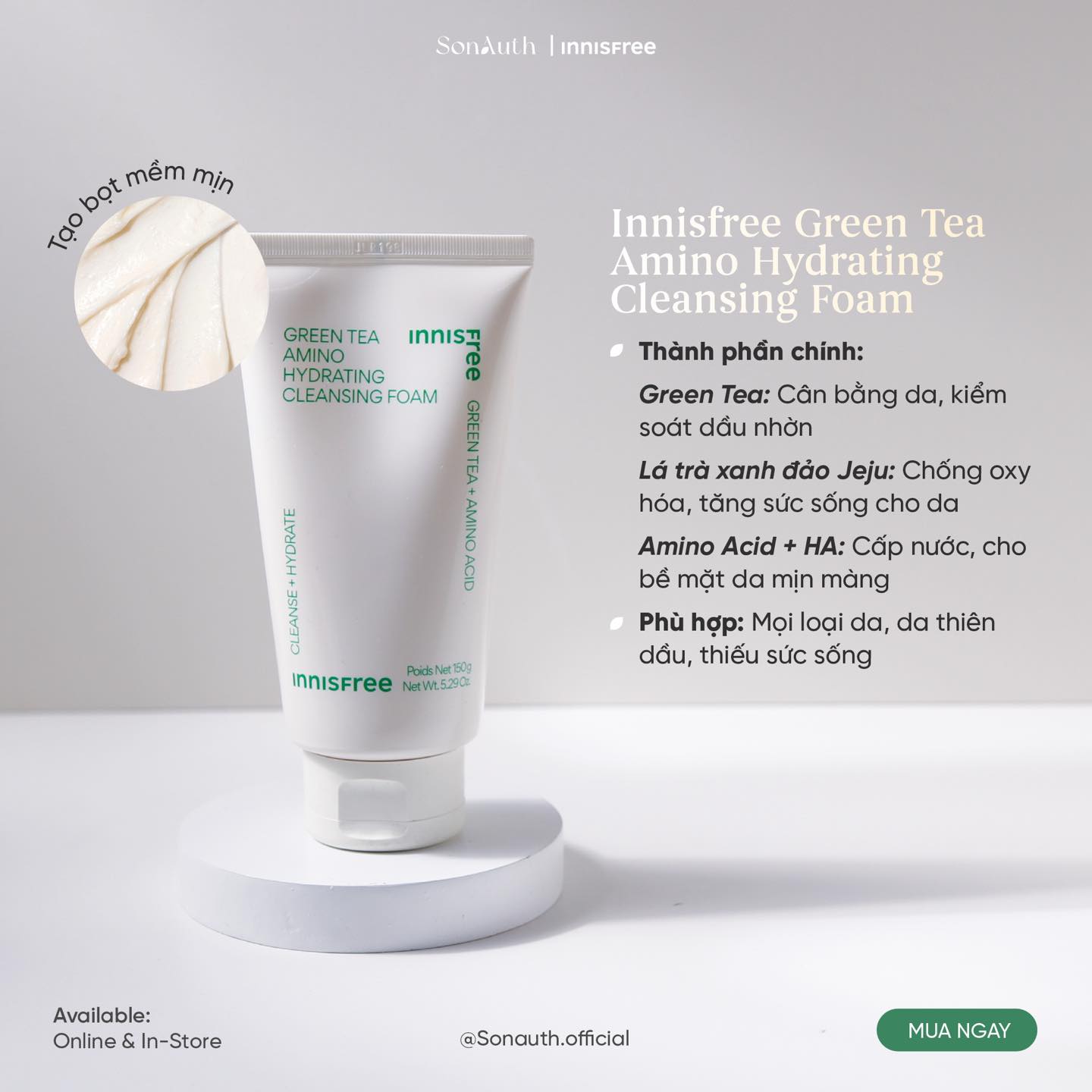 Sữa Rửa Mặt Innisfree Green Tea Amino Hydrating Cleansing Foam 150g