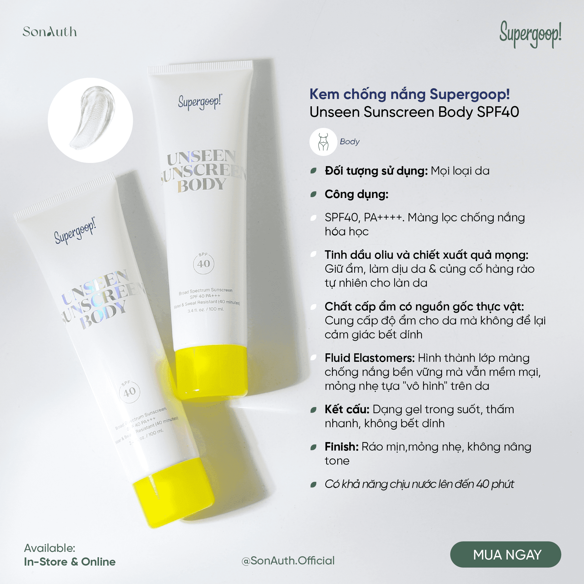 Kem Chống Nắng Supergoop! Unseen Sunscreen Body SPF40 100ml